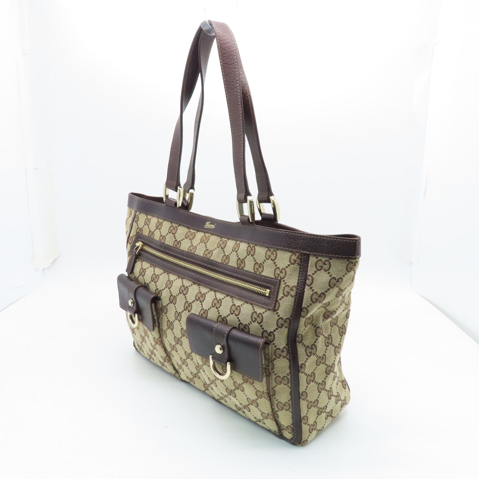 GUCCI Canvas Tote Bag Gold Buckle Handle Shoulder Bag Brown