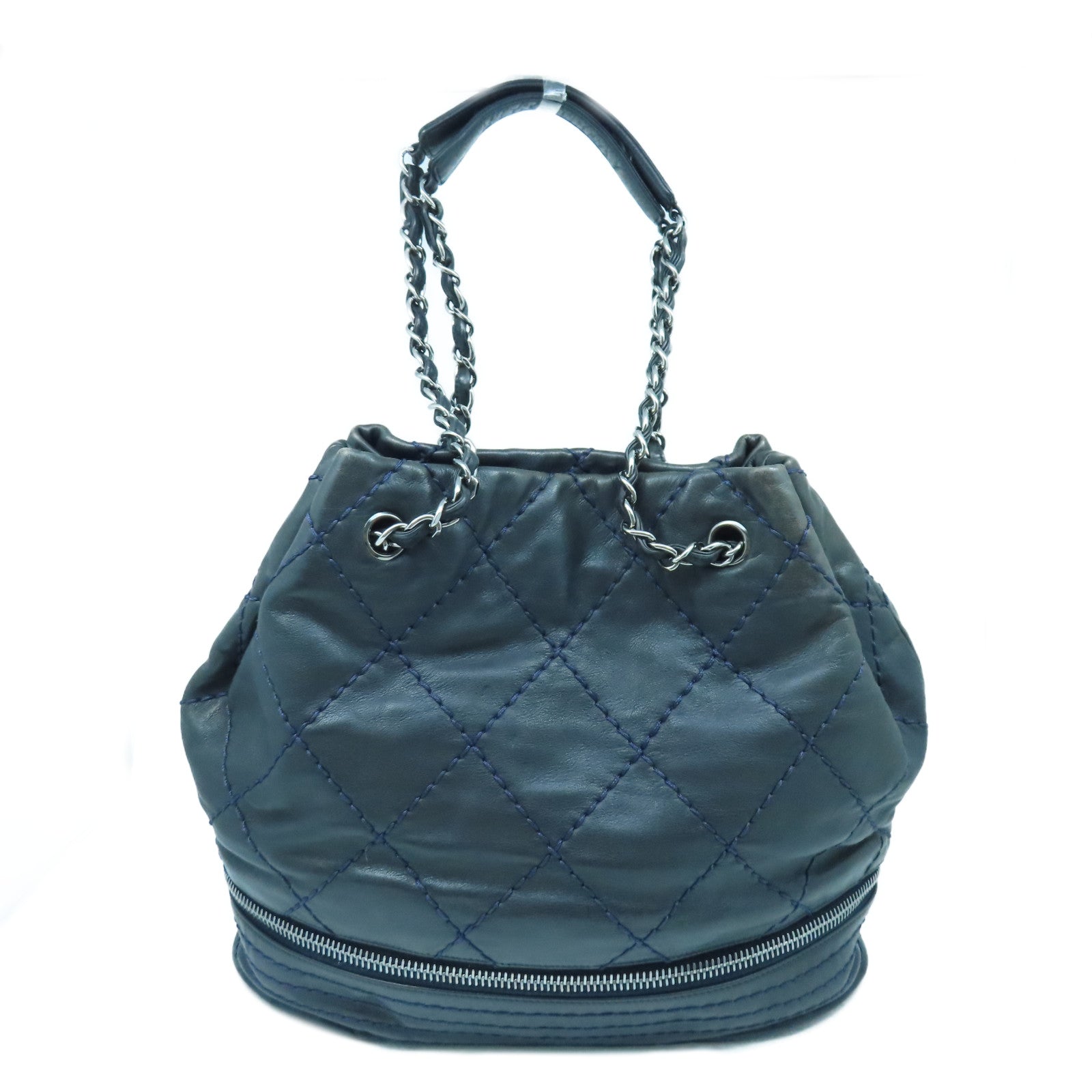 CHANEL 菱格牛皮皮革Chain Shoulder銀扣鏈帶肩背袋黑色
