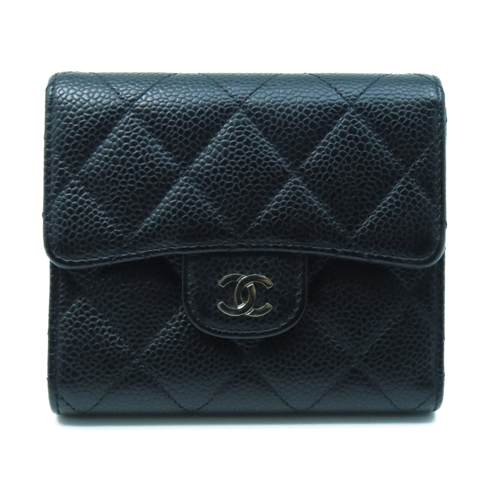 CHANEL Rhombus Caviar Leather Wallet Silver Buckle Wallet Black