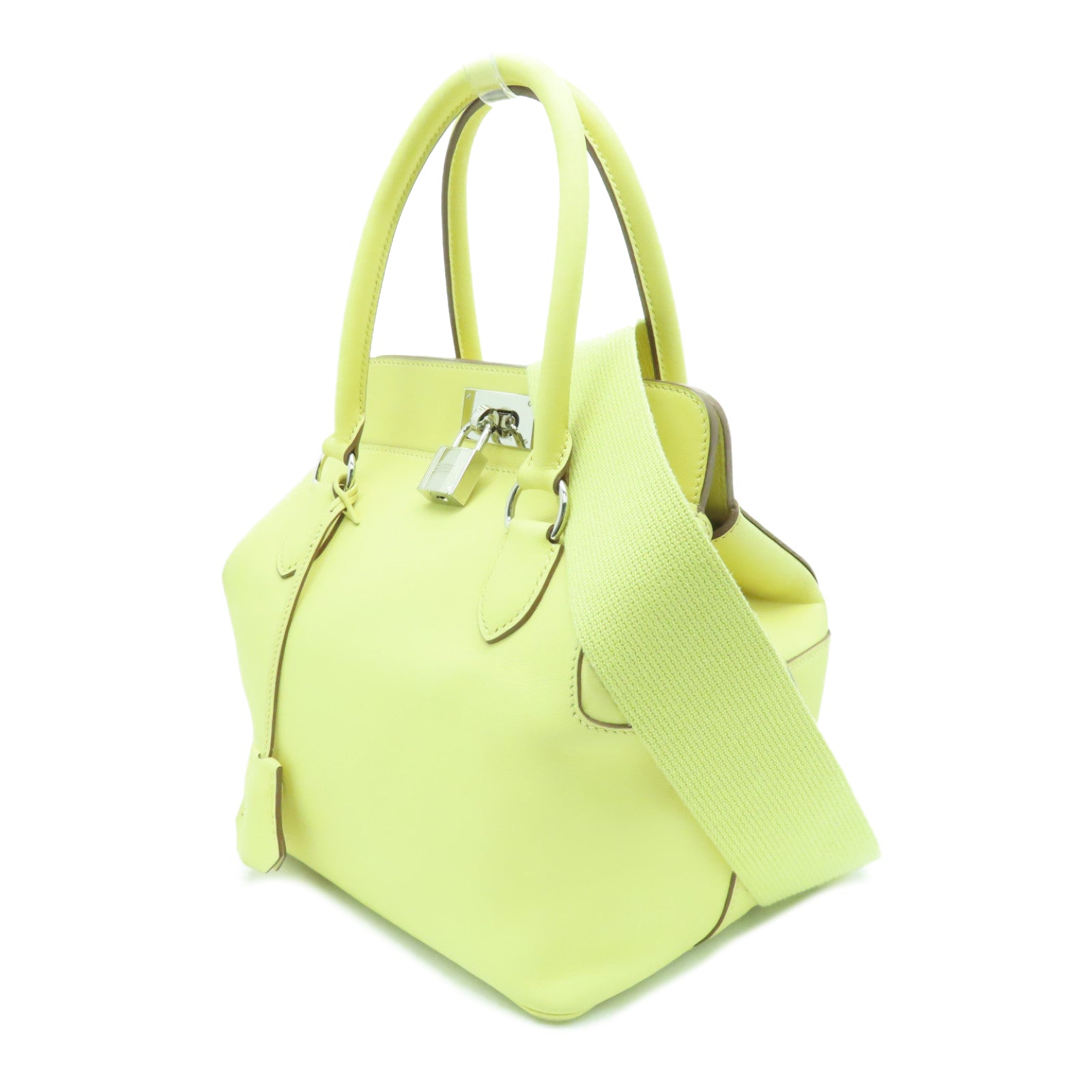HERMES Swift Leather Tool Box 20 Silver Buckle Handle Shoulder Bag Jaune Poussin Yellow