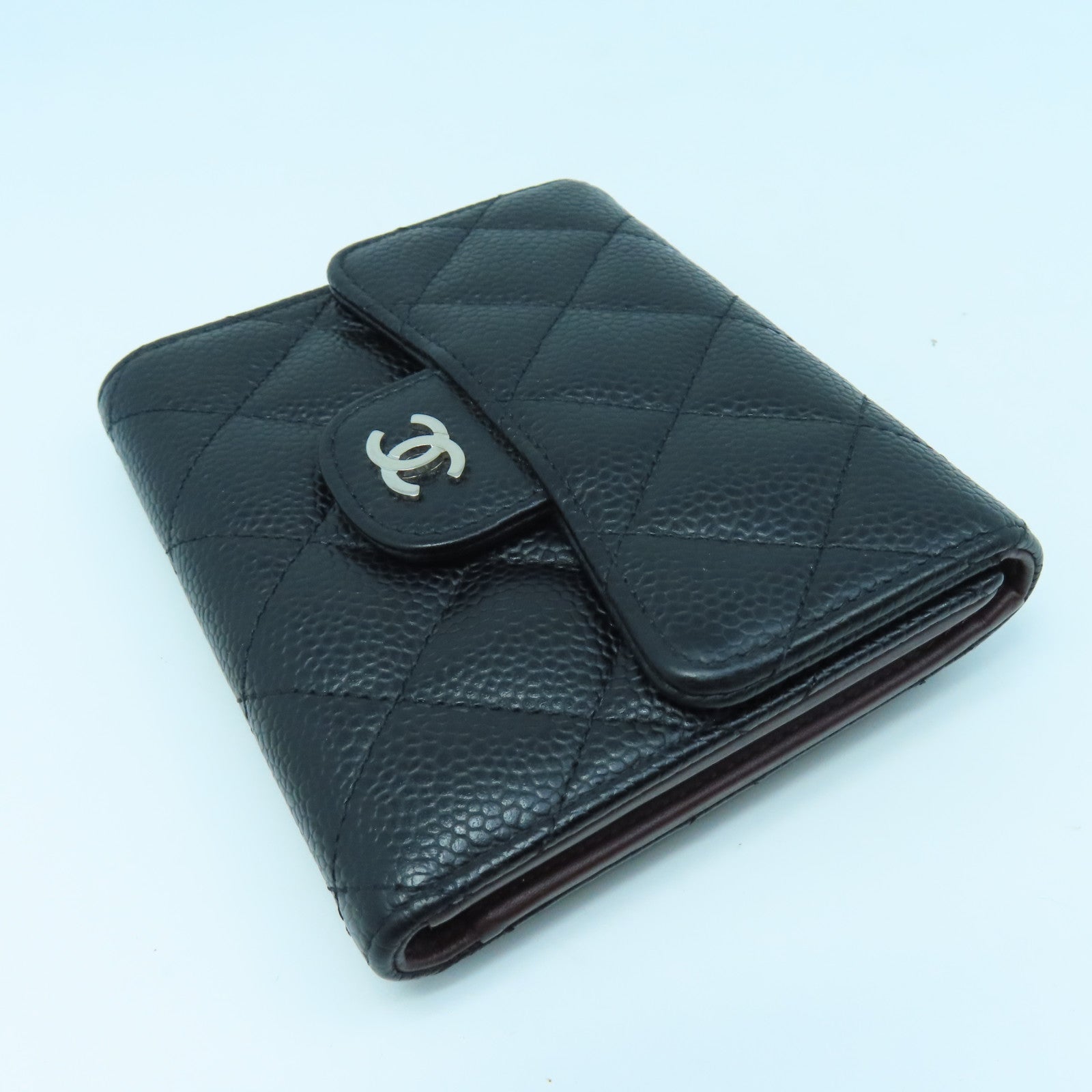 CHANEL Rhombus Caviar Leather Wallet Silver Buckle Wallet Black