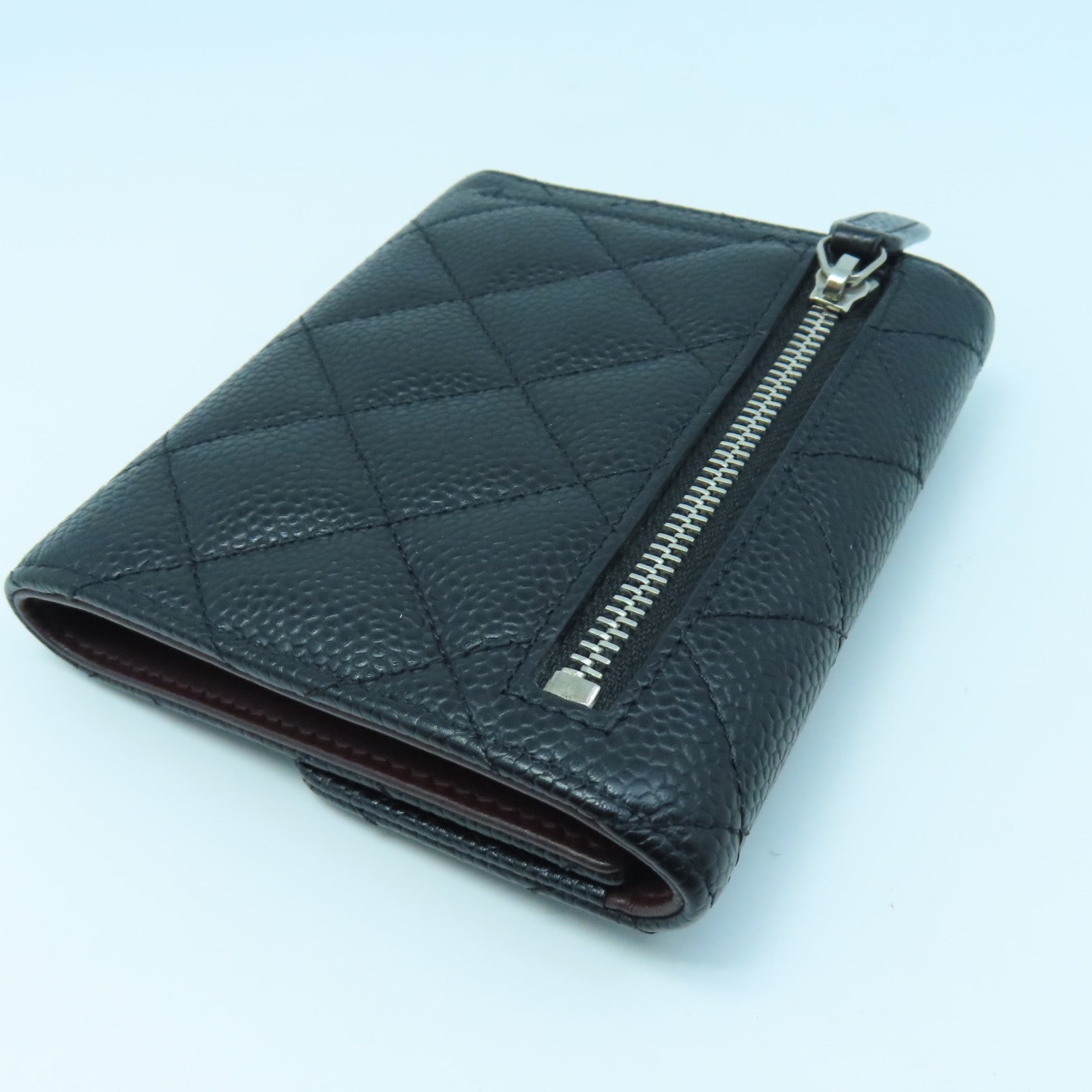 CHANEL Rhombus Caviar Leather Wallet Silver Buckle Wallet Black