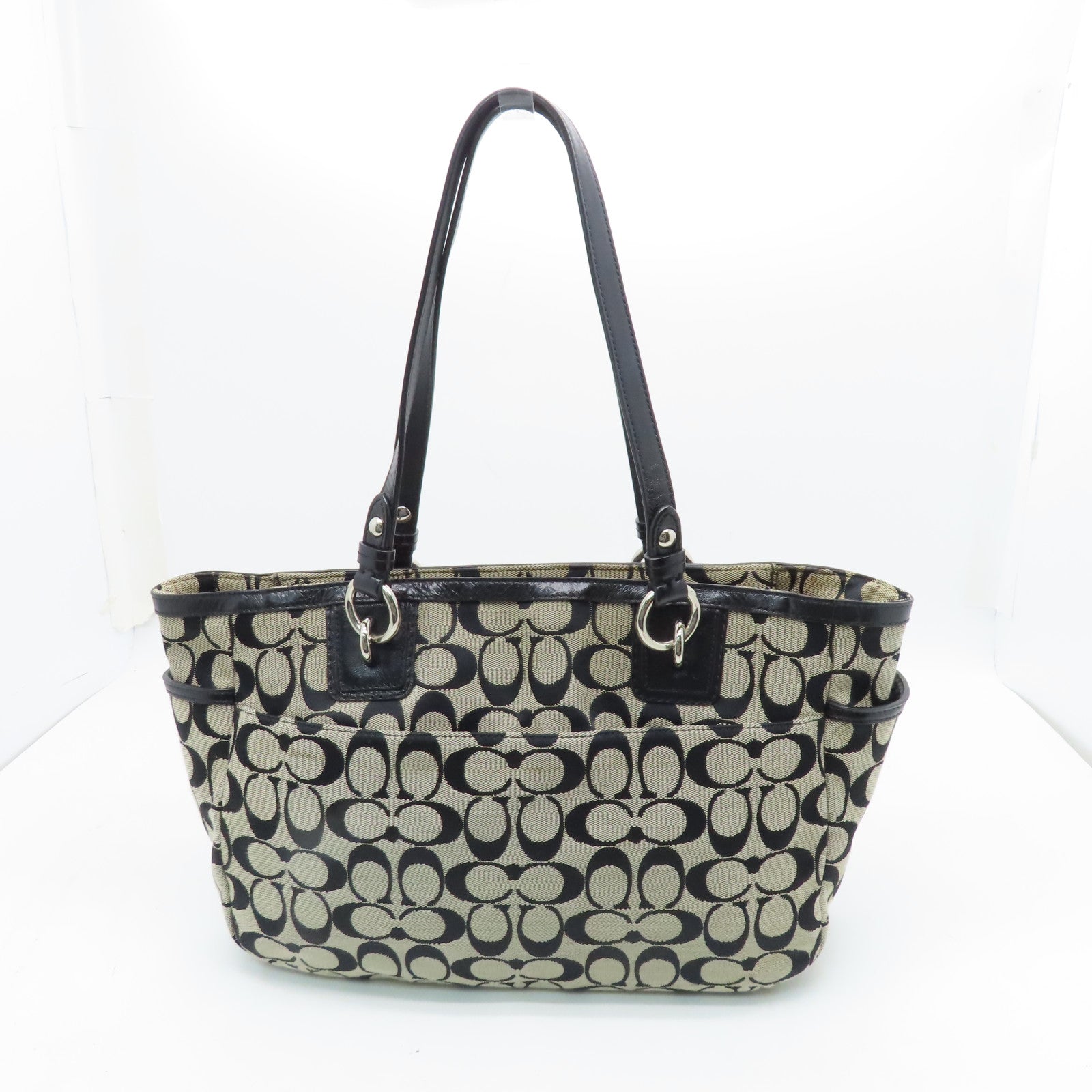 COACH canvas Tote Bag silver buckle handle bag black