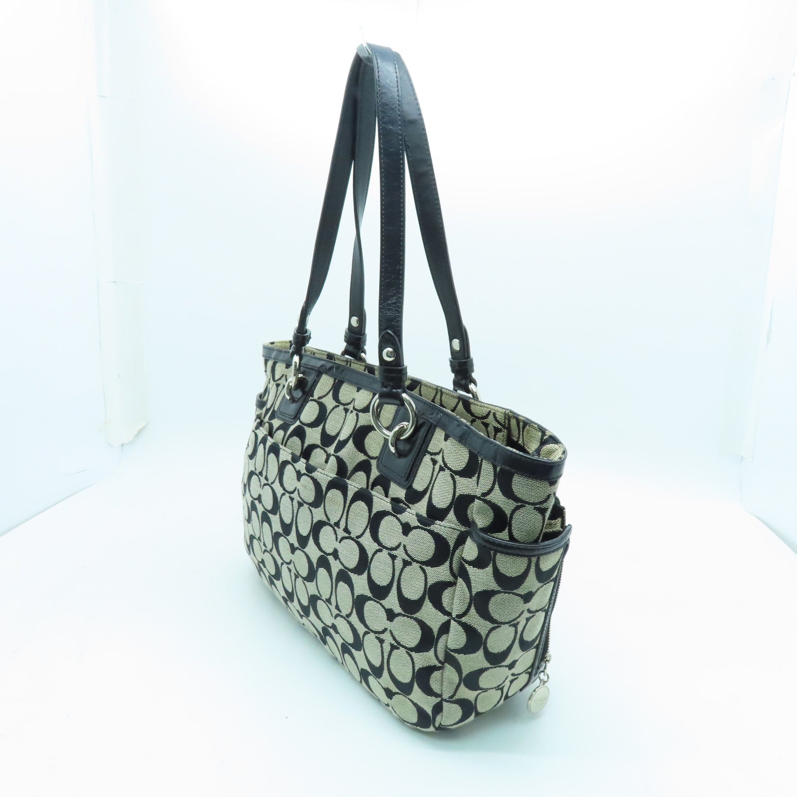 COACH canvas Tote Bag silver buckle handle bag black