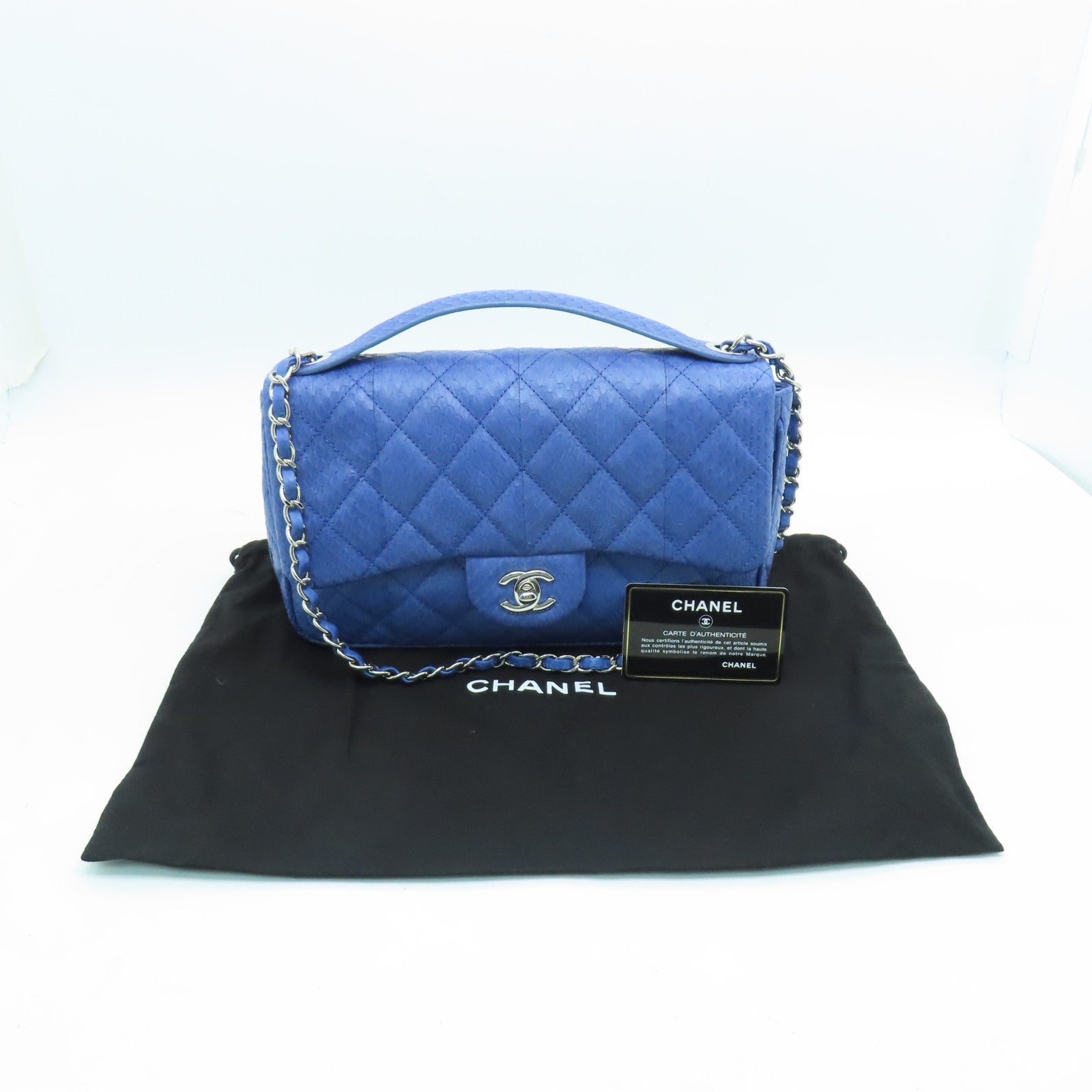 CHANEL 菱格蛇皮皮革Shoulder Bag銀扣鏈帶肩背袋藍色