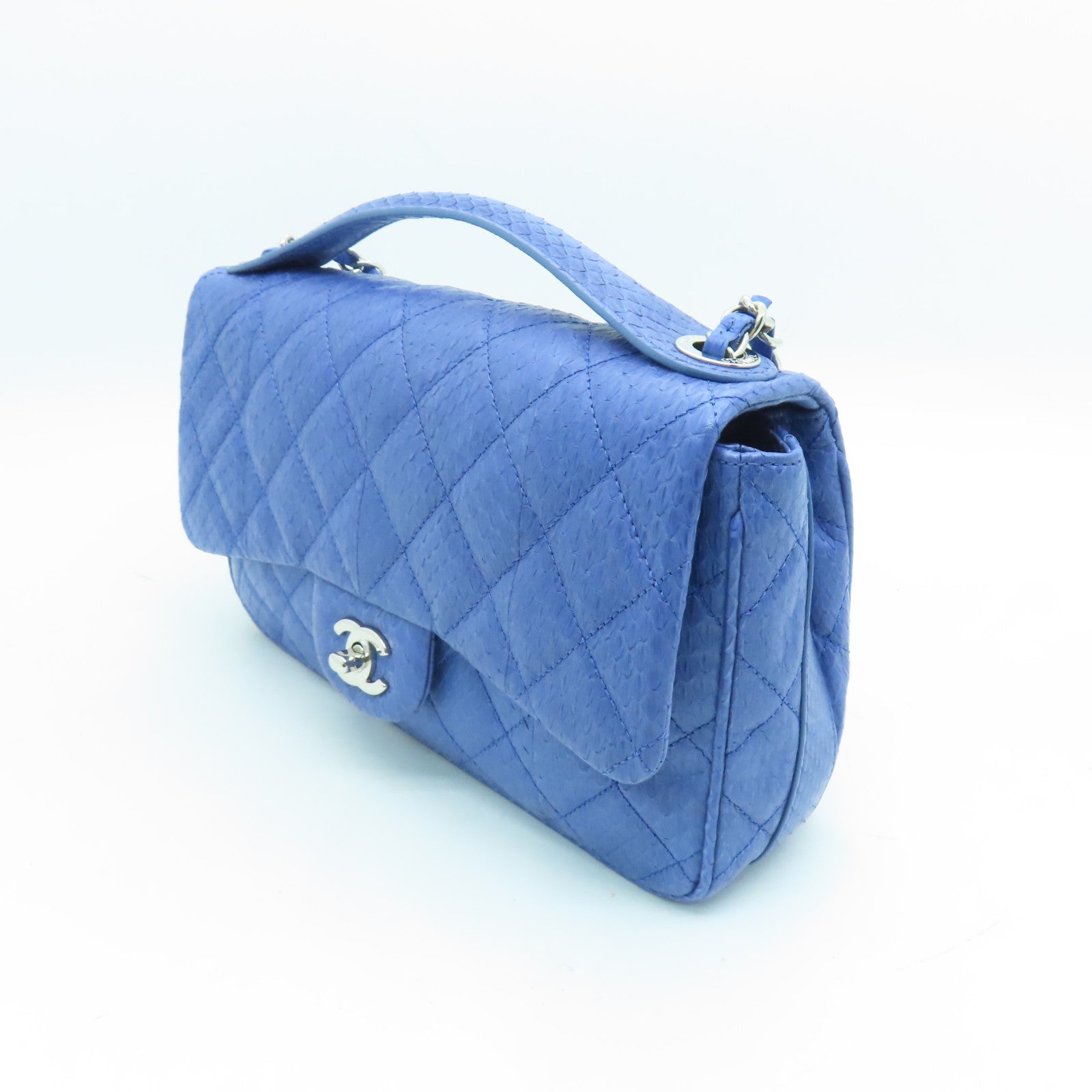 CHANEL 菱格蛇皮皮革Shoulder Bag銀扣鏈帶肩背袋藍色