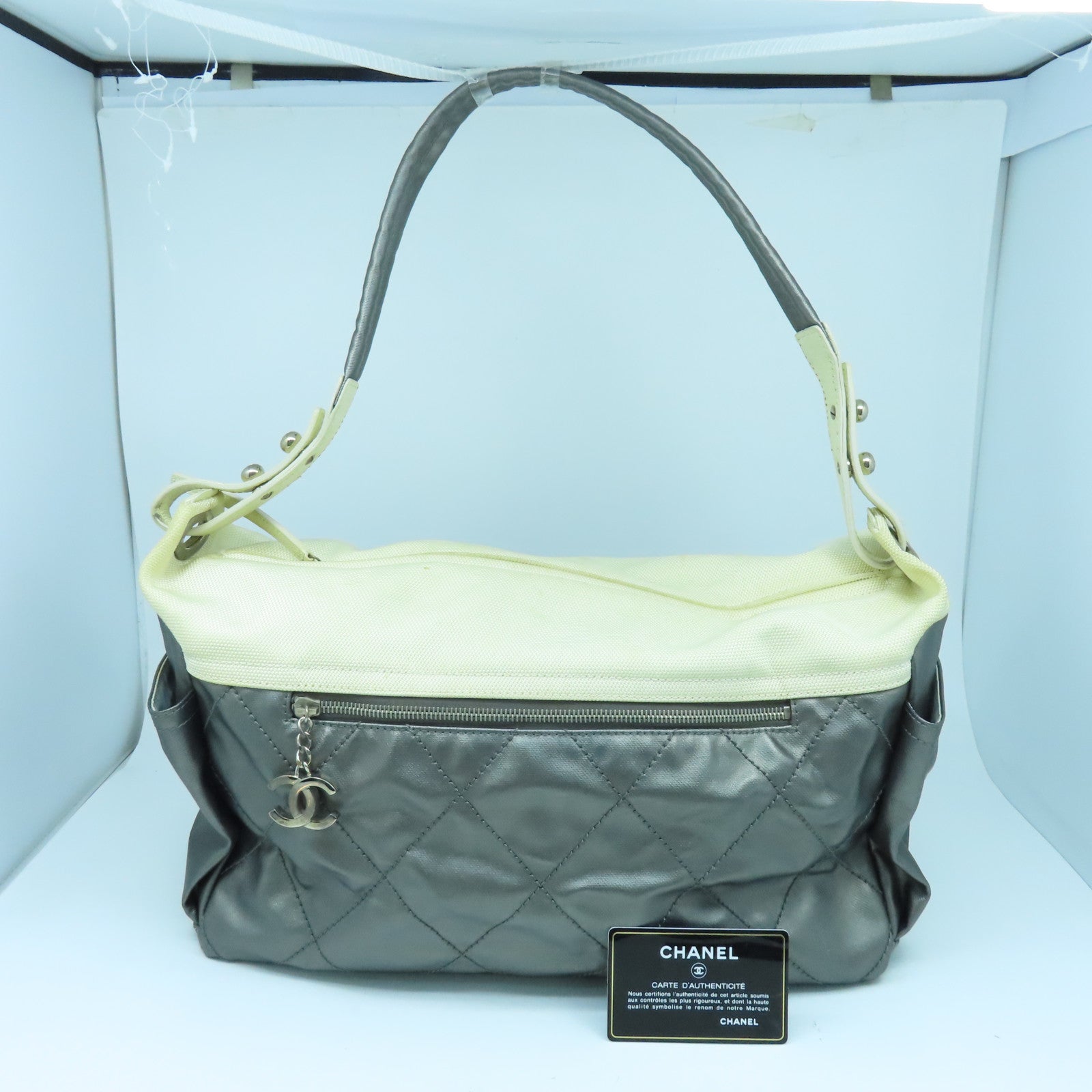 CHANEL 菱格帆布/塗層帆布Shoulder Bag銀扣肩背袋白色/銀色