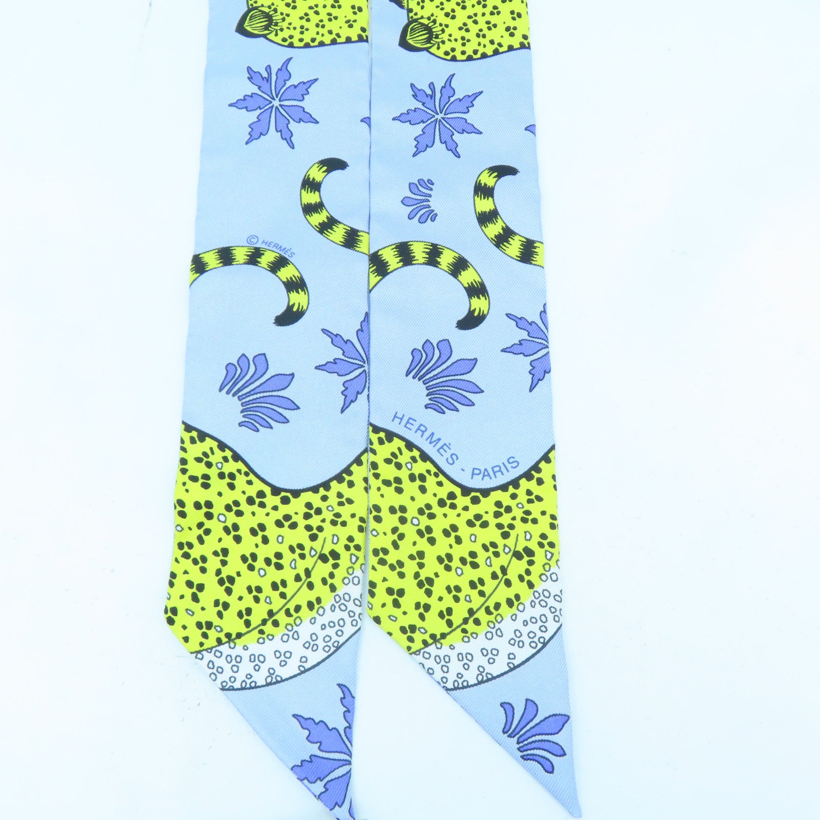 HERMES 絲質Twilly絲巾藍色/黃色