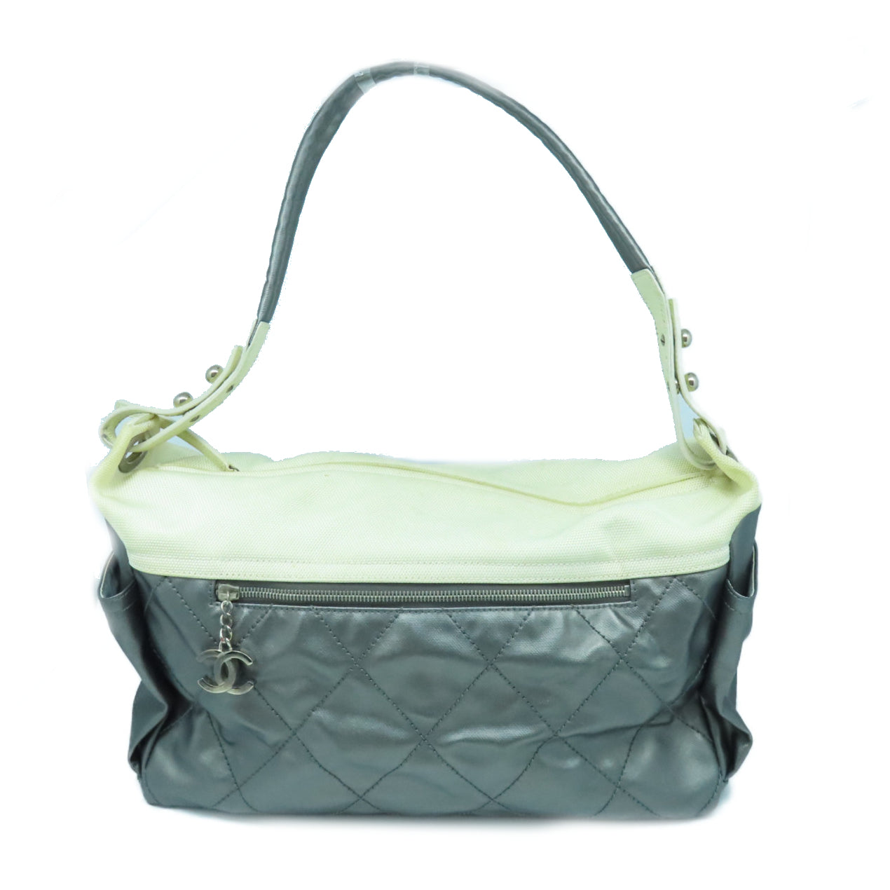 CHANEL 菱格帆布/塗層帆布Shoulder Bag銀扣肩背袋白色/銀色