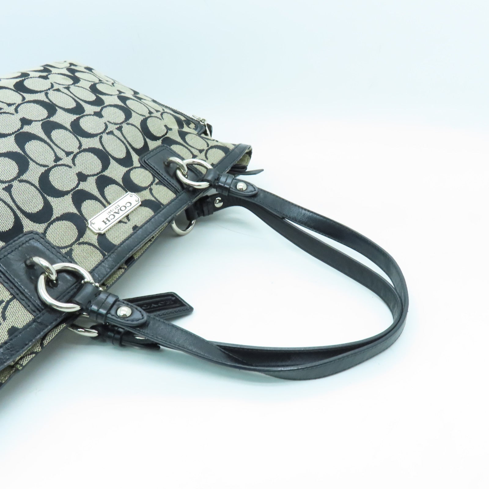 COACH canvas Tote Bag silver buckle handle bag black