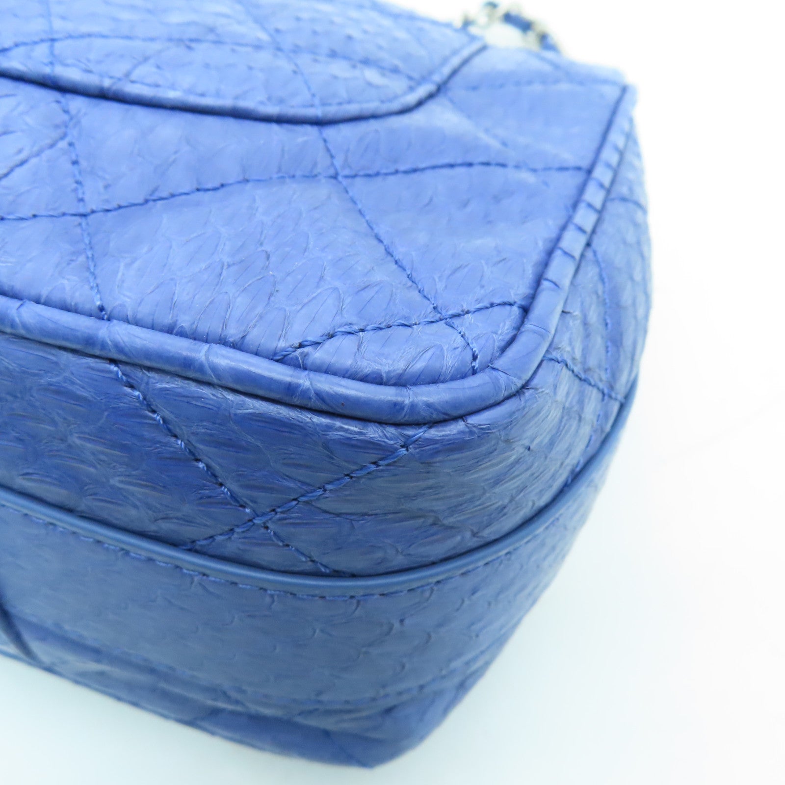 CHANEL 菱格蛇皮皮革Shoulder Bag銀扣鏈帶肩背袋藍色