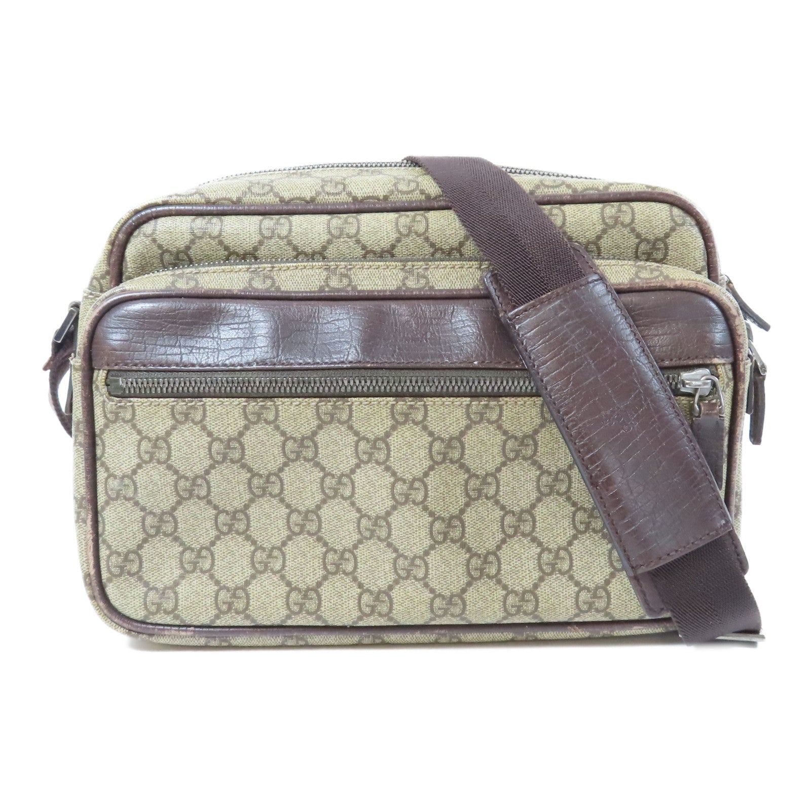 GUCCI 塗層帆布GG Supreme銀扣肩背袋啡色