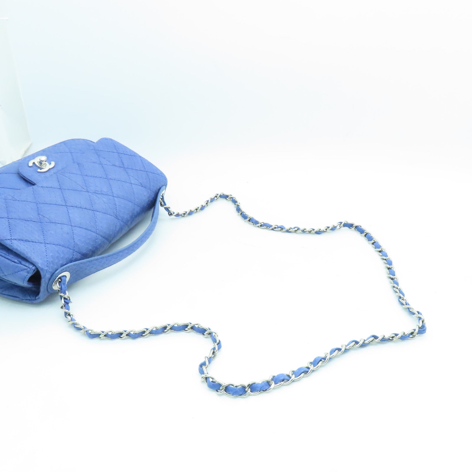 CHANEL 菱格蛇皮皮革Shoulder Bag銀扣鏈帶肩背袋藍色