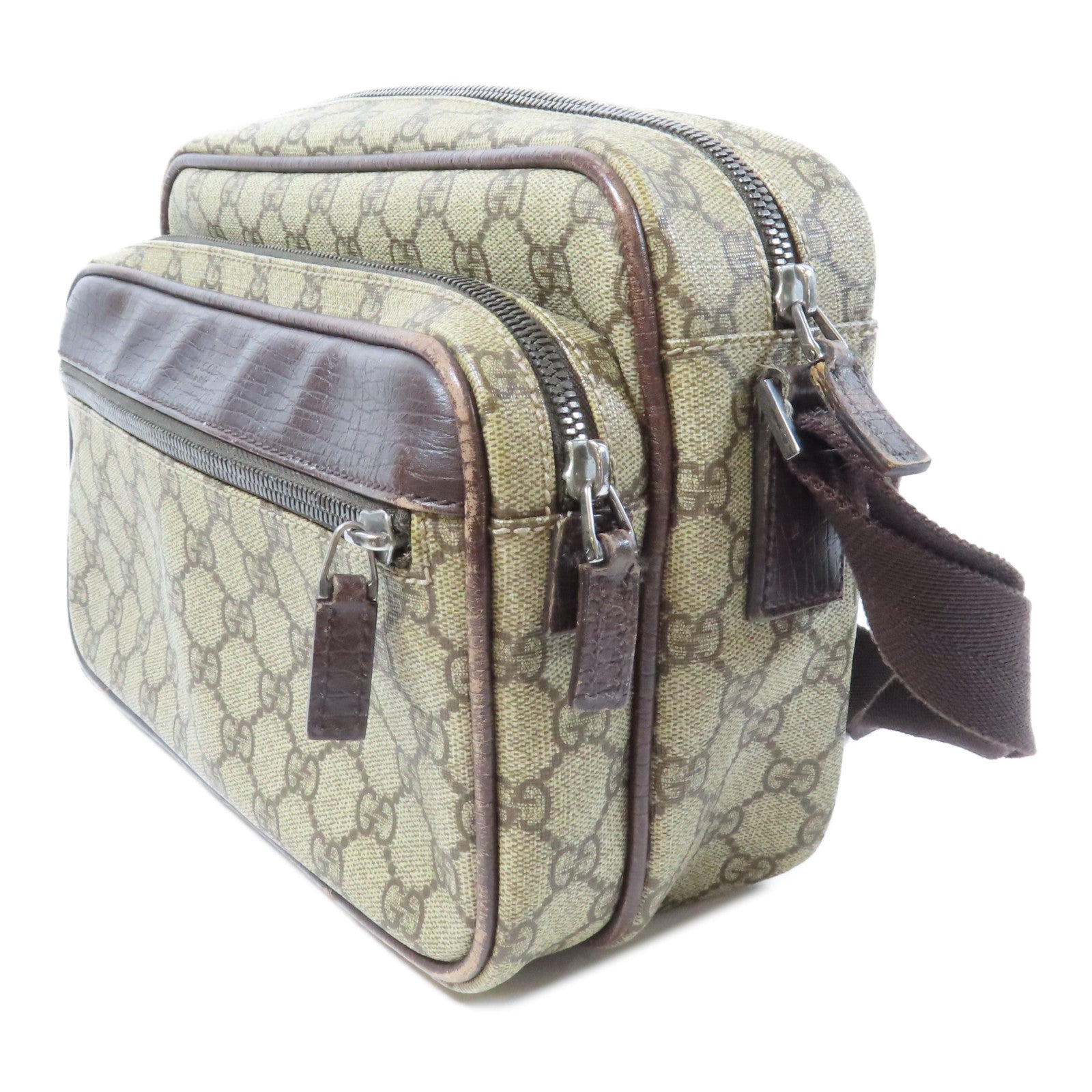 GUCCI 塗層帆布GG Supreme銀扣肩背袋啡色