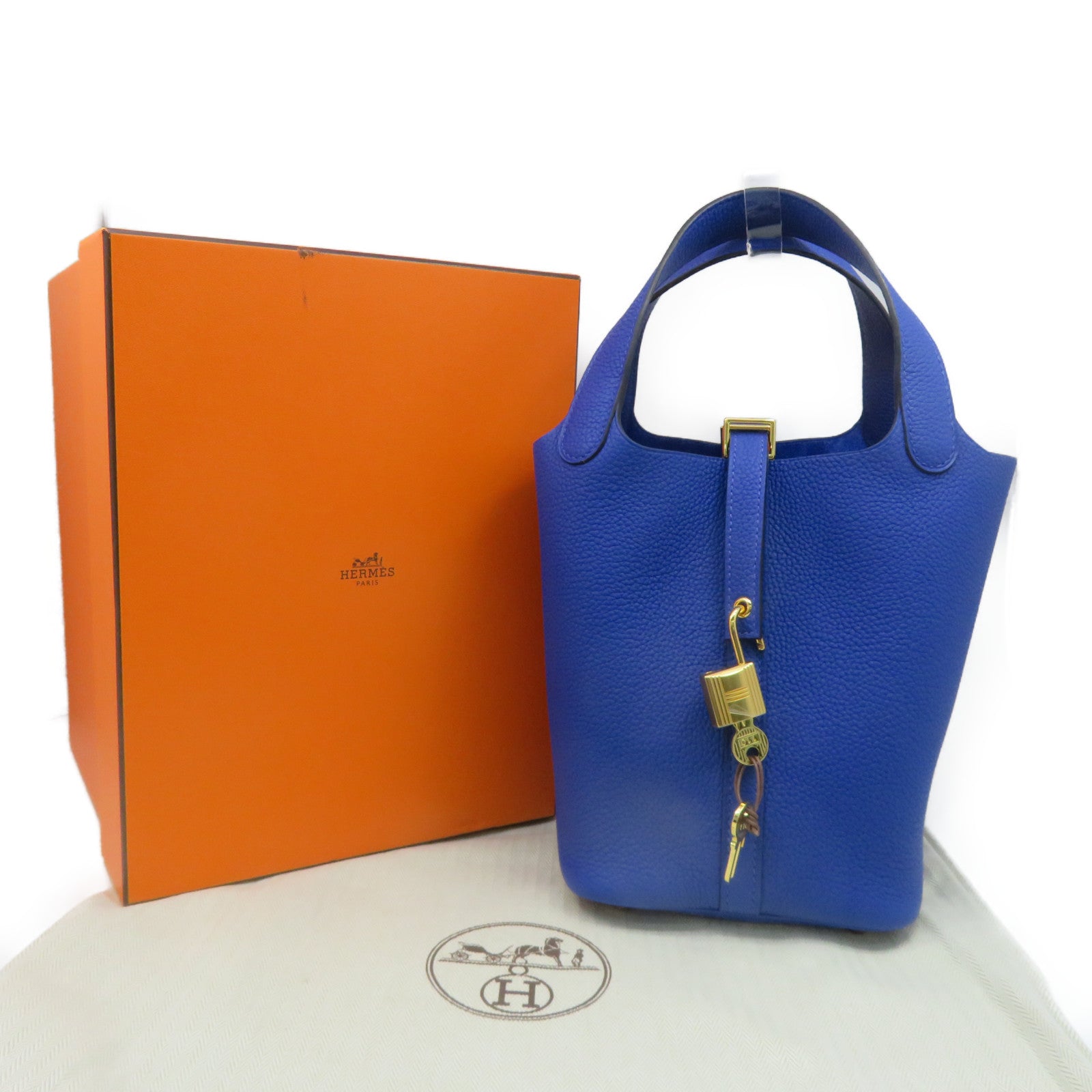 HERMES 【激減優惠】Clemence皮革Picotin PM金扣手挽袋Bleu Royal