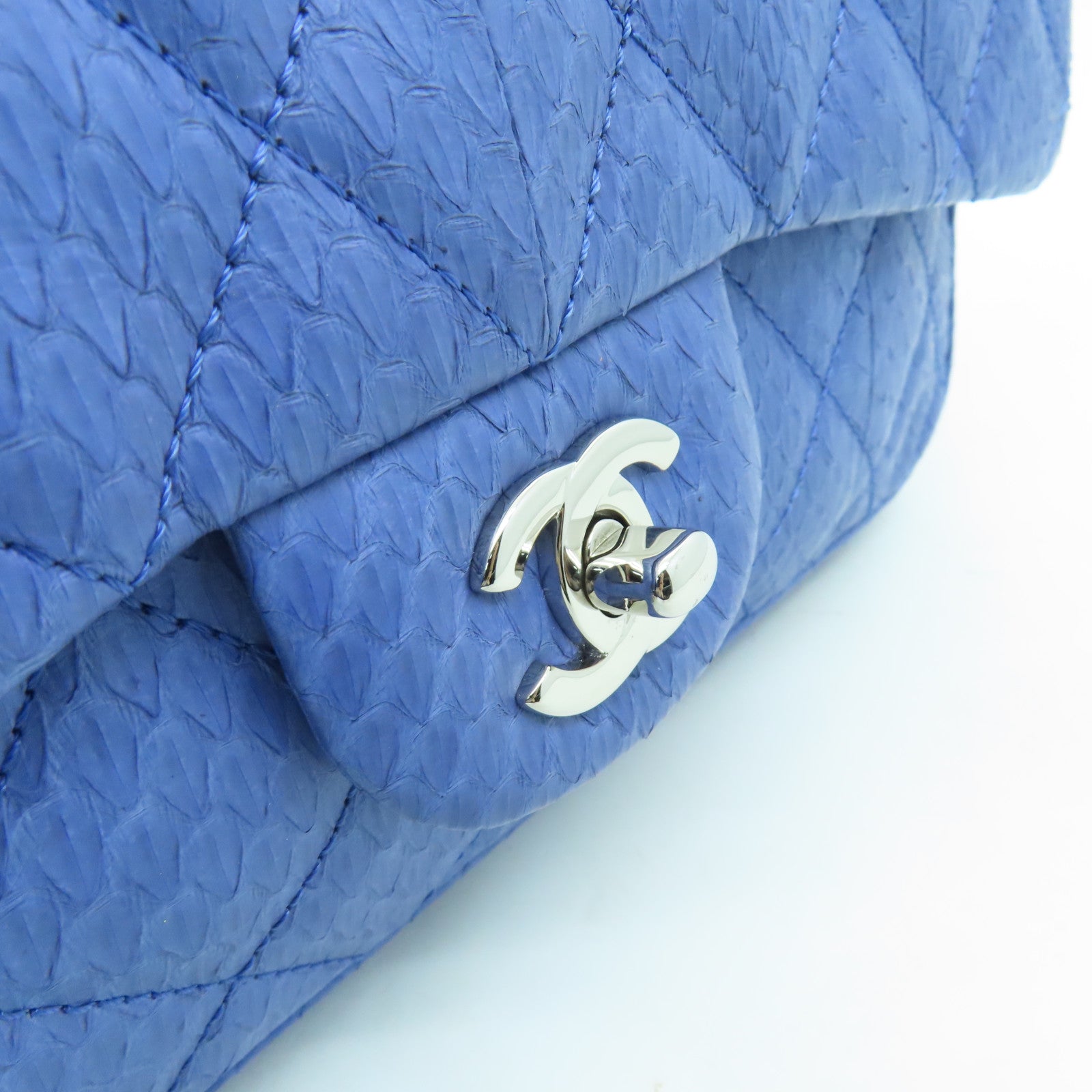 CHANEL 菱格蛇皮皮革Shoulder Bag銀扣鏈帶肩背袋藍色