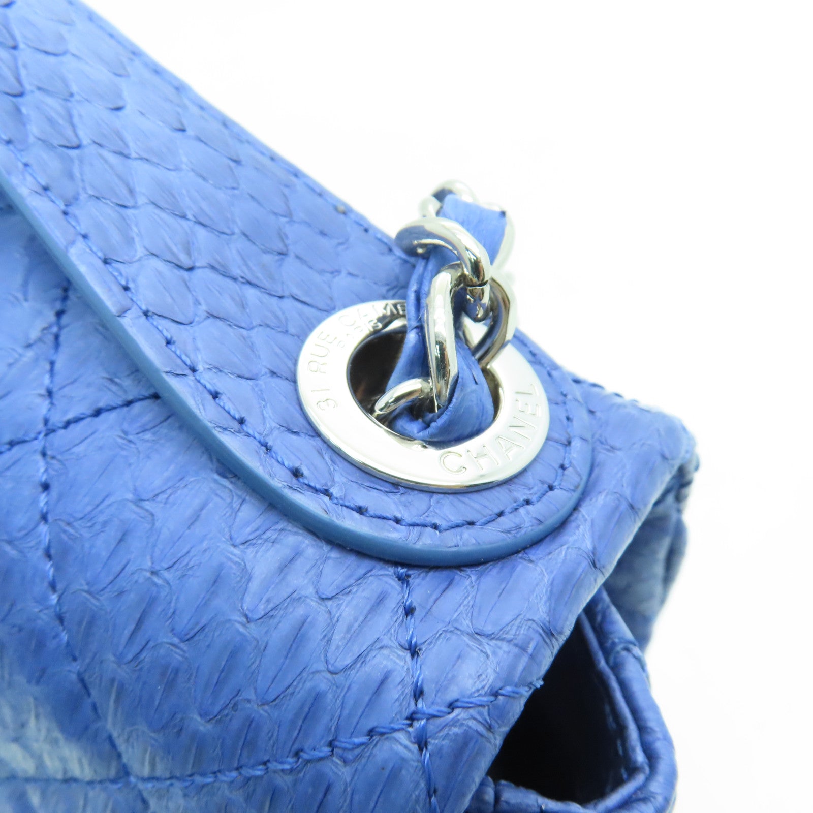 CHANEL 菱格蛇皮皮革Shoulder Bag銀扣鏈帶肩背袋藍色