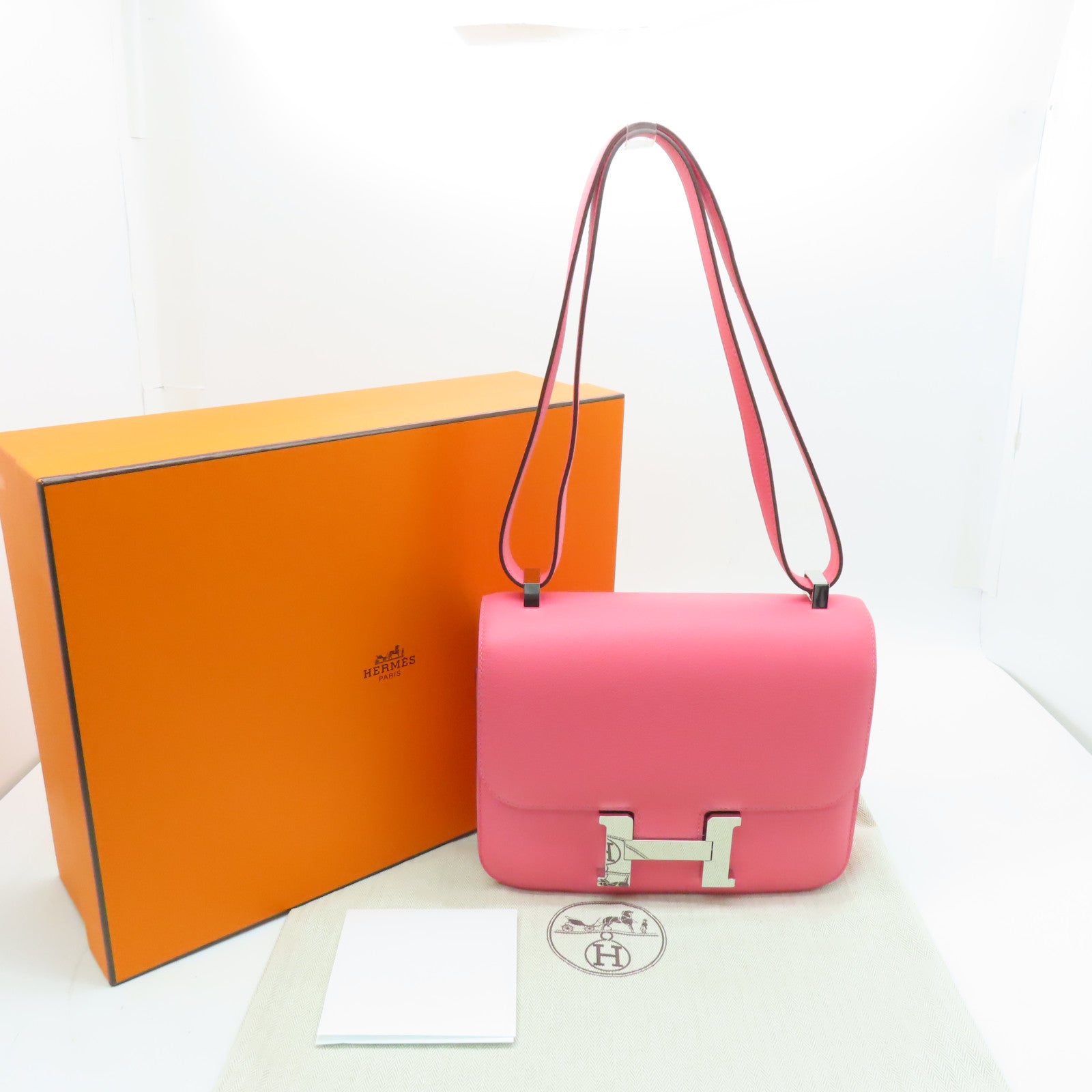 HERMES Evercolor leather Constance 24 silver buckle handle shoulder bag Rose Azalee pink