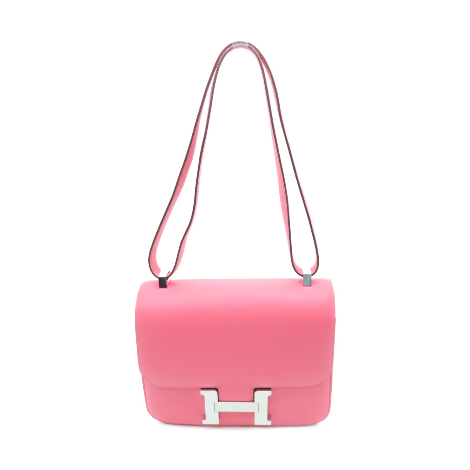 HERMES Evercolor leather Constance 24 silver buckle handle shoulder bag Rose Azalee pink