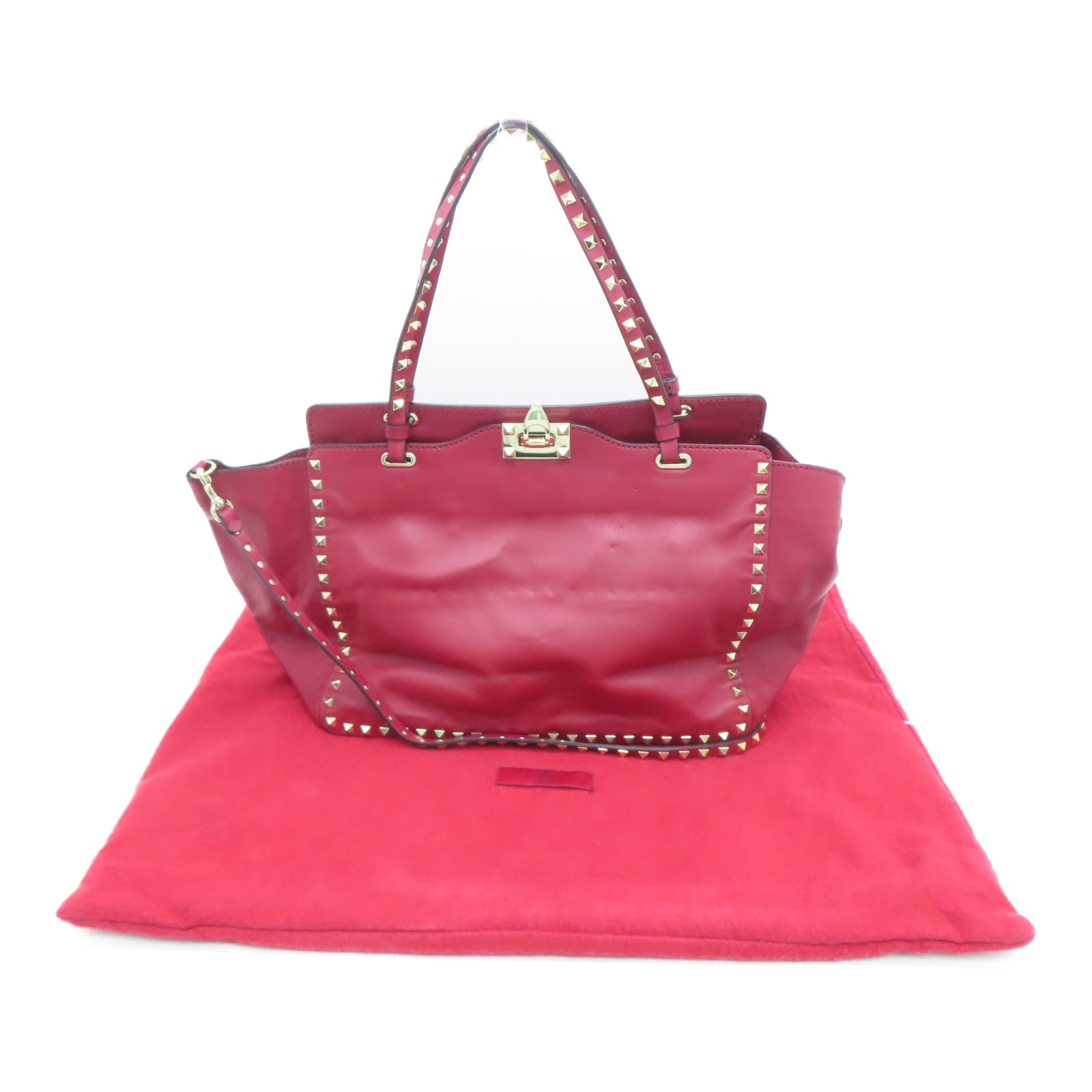 Valentino Leather Rockstud Gold Buckle Handle Shoulder Bag Red