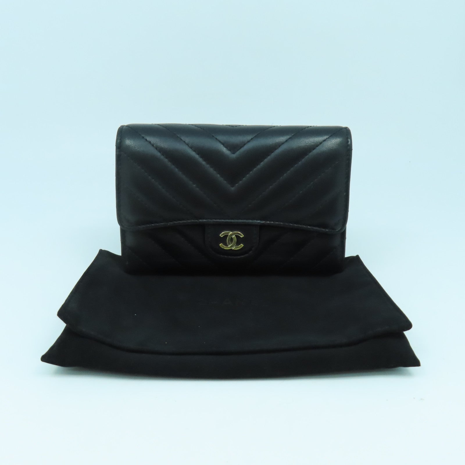 CHANEL 斜紋羊皮皮革Long Wallet金扣長錢包黑色