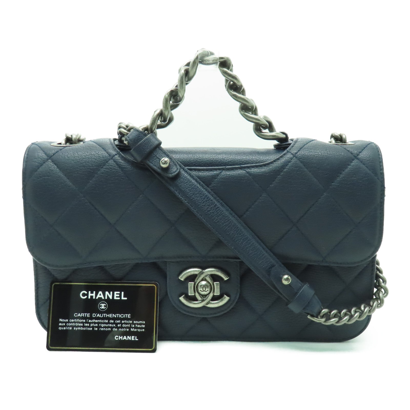 CHANEL 菱格牛皮皮革Chain Shoulder Bag銀扣鏈帶肩背袋深藍色