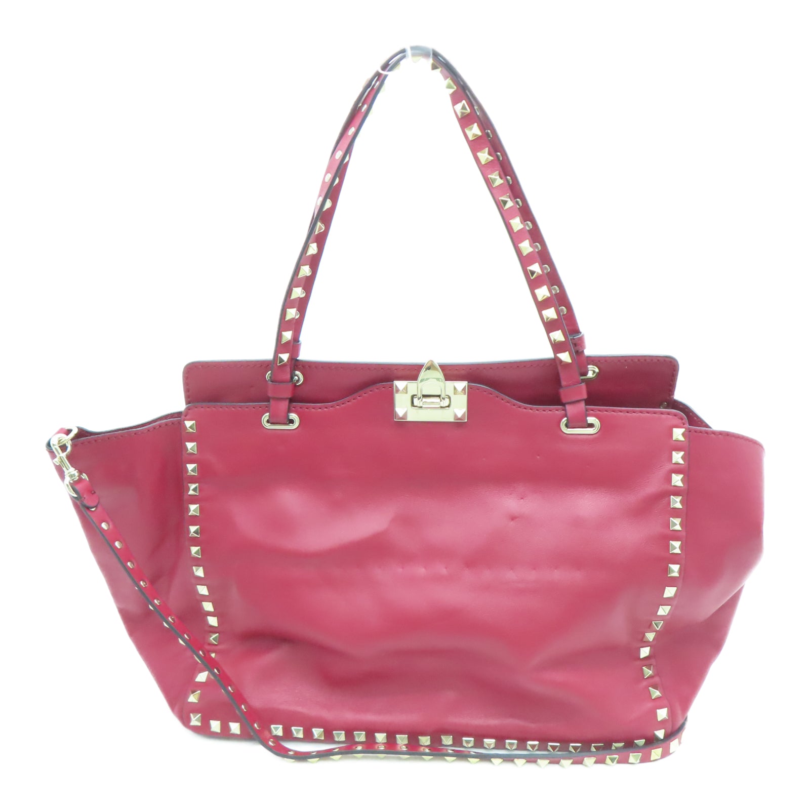 Valentino Leather Rockstud Gold Buckle Handle Shoulder Bag Red