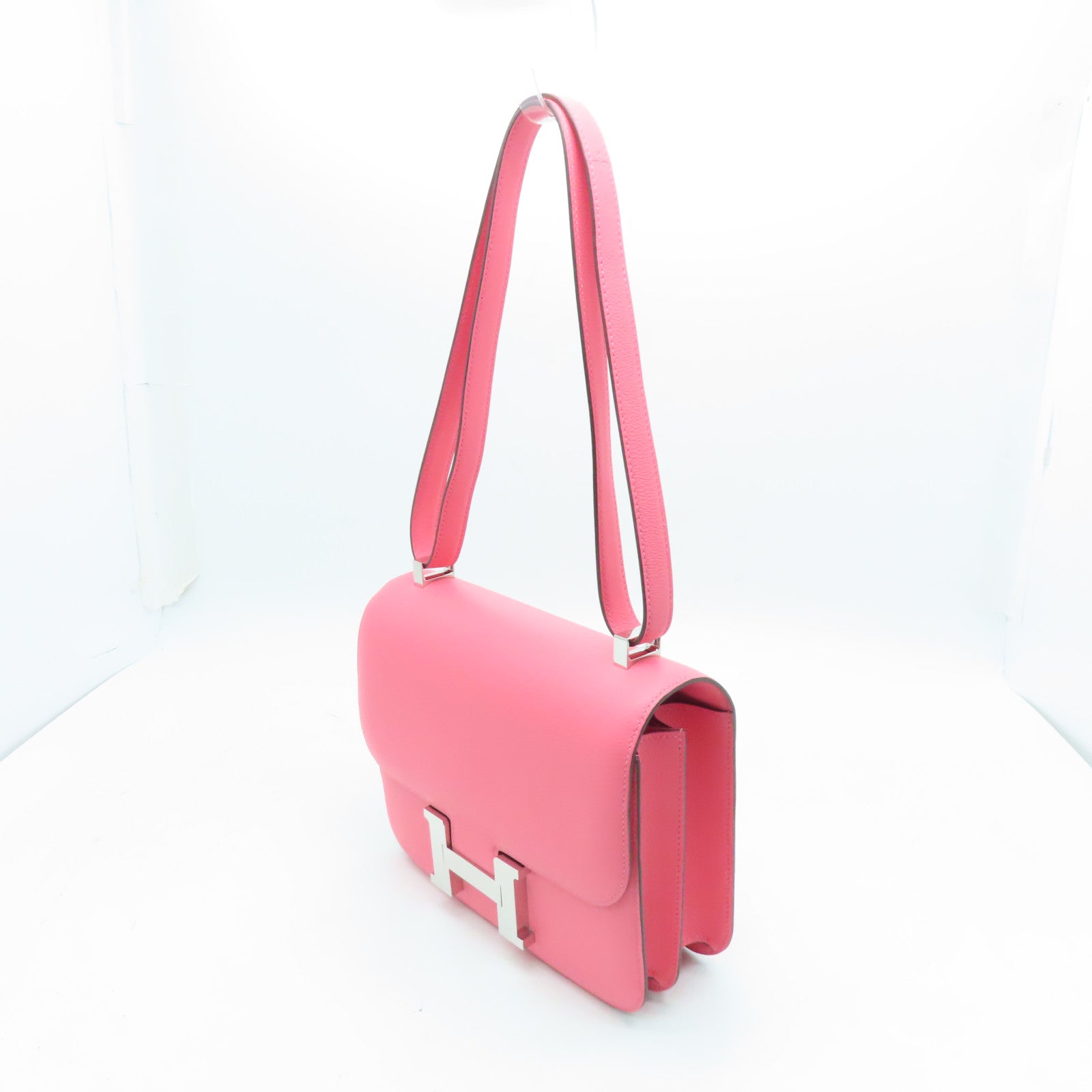HERMES Evercolor leather Constance 24 silver buckle handle shoulder bag Rose Azalee pink
