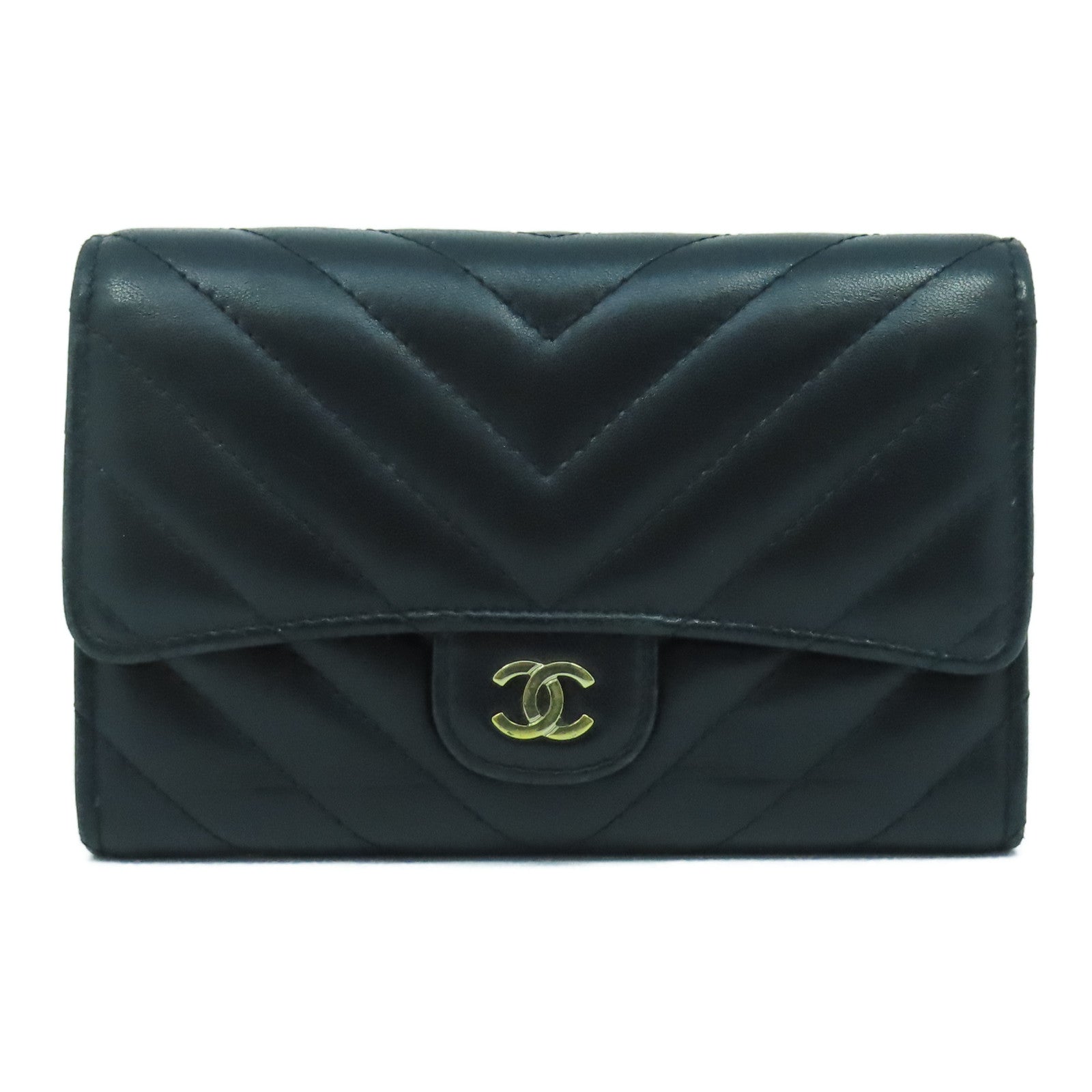 CHANEL 斜紋羊皮皮革Long Wallet金扣長錢包黑色