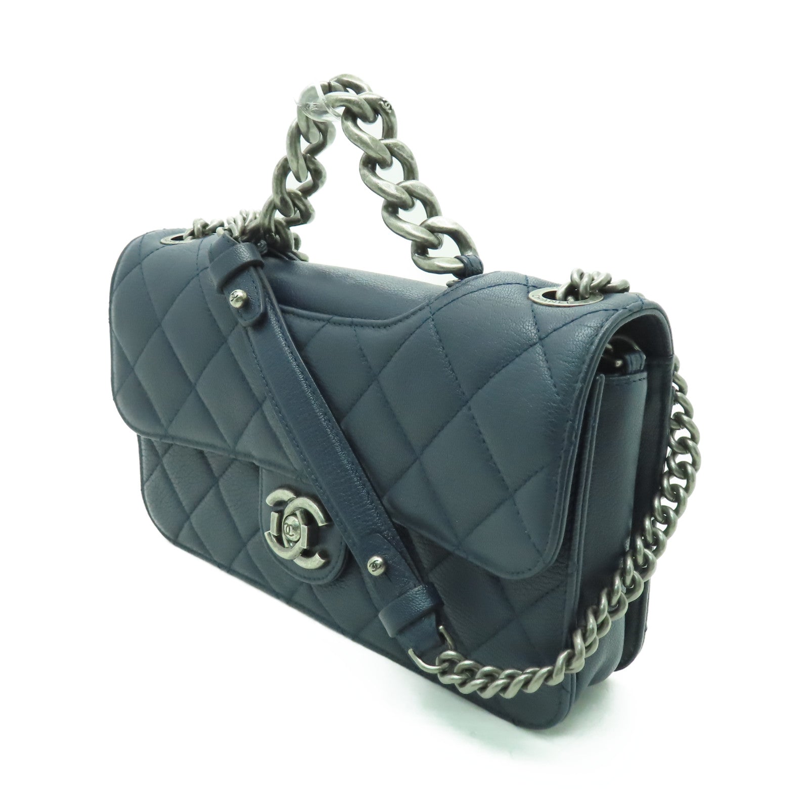 CHANEL 菱格牛皮皮革Chain Shoulder Bag銀扣鏈帶肩背袋深藍色
