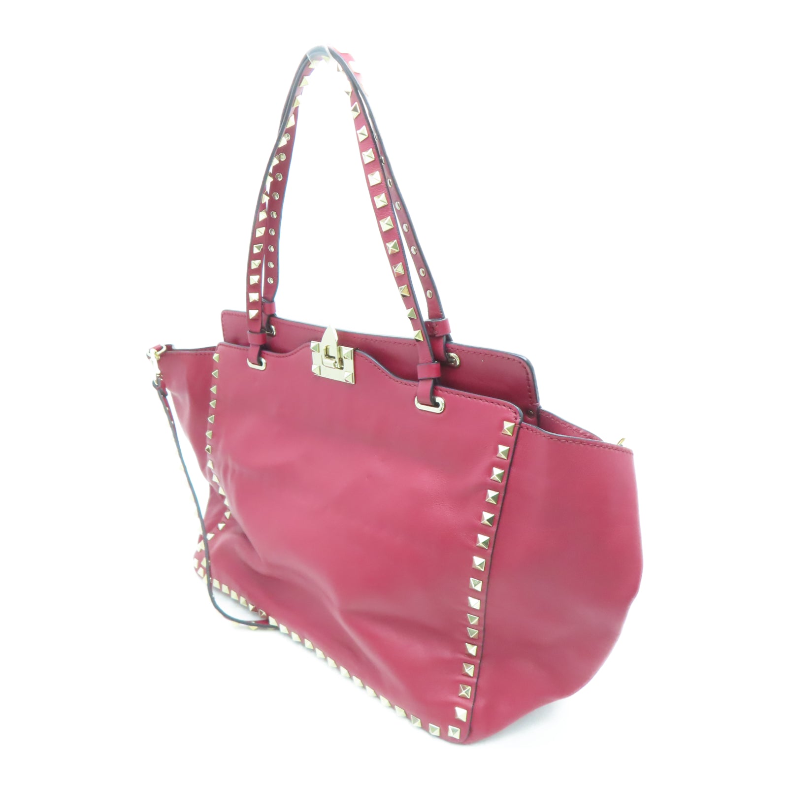 Valentino Leather Rockstud Gold Buckle Handle Shoulder Bag Red