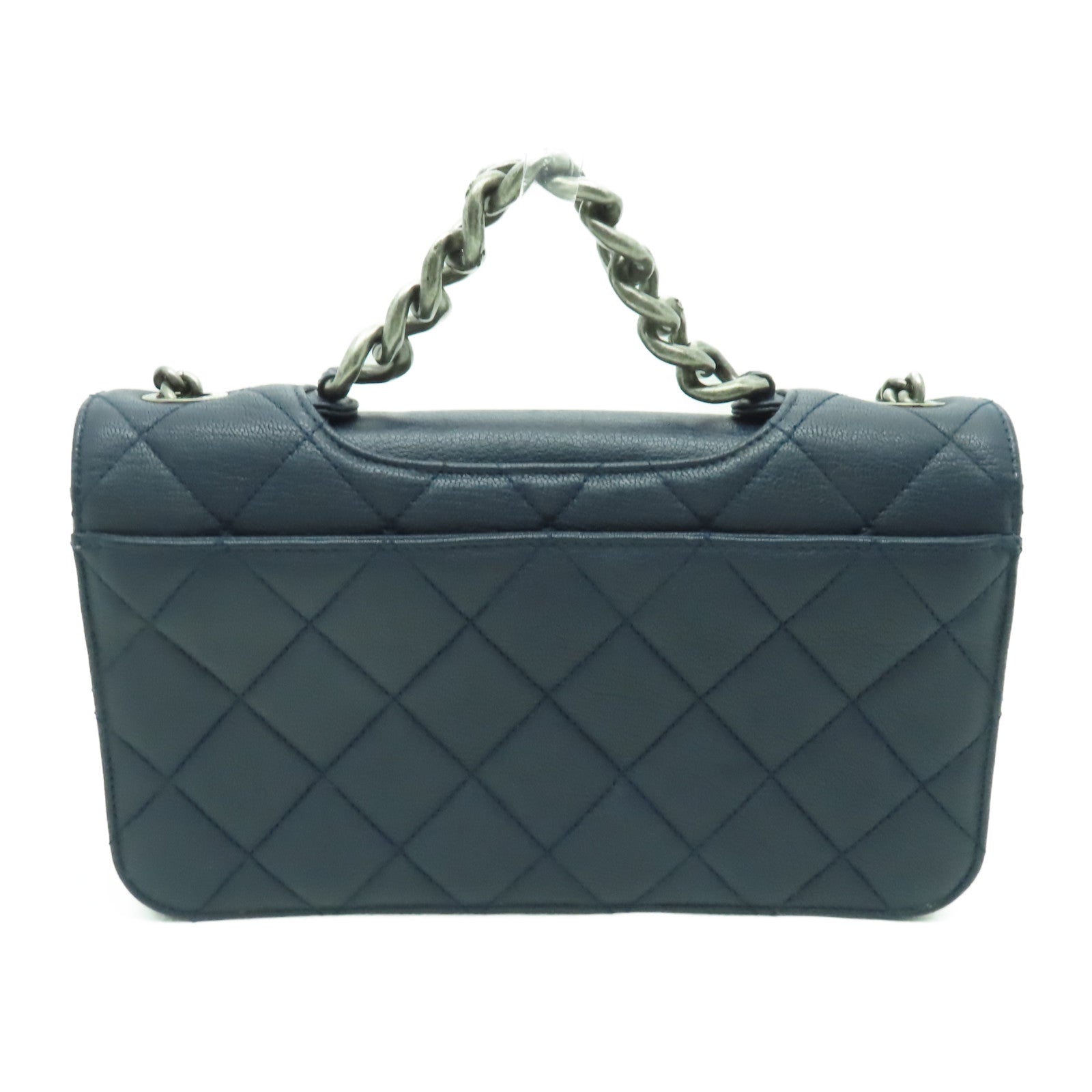 CHANEL 菱格牛皮皮革Chain Shoulder Bag銀扣鏈帶肩背袋深藍色