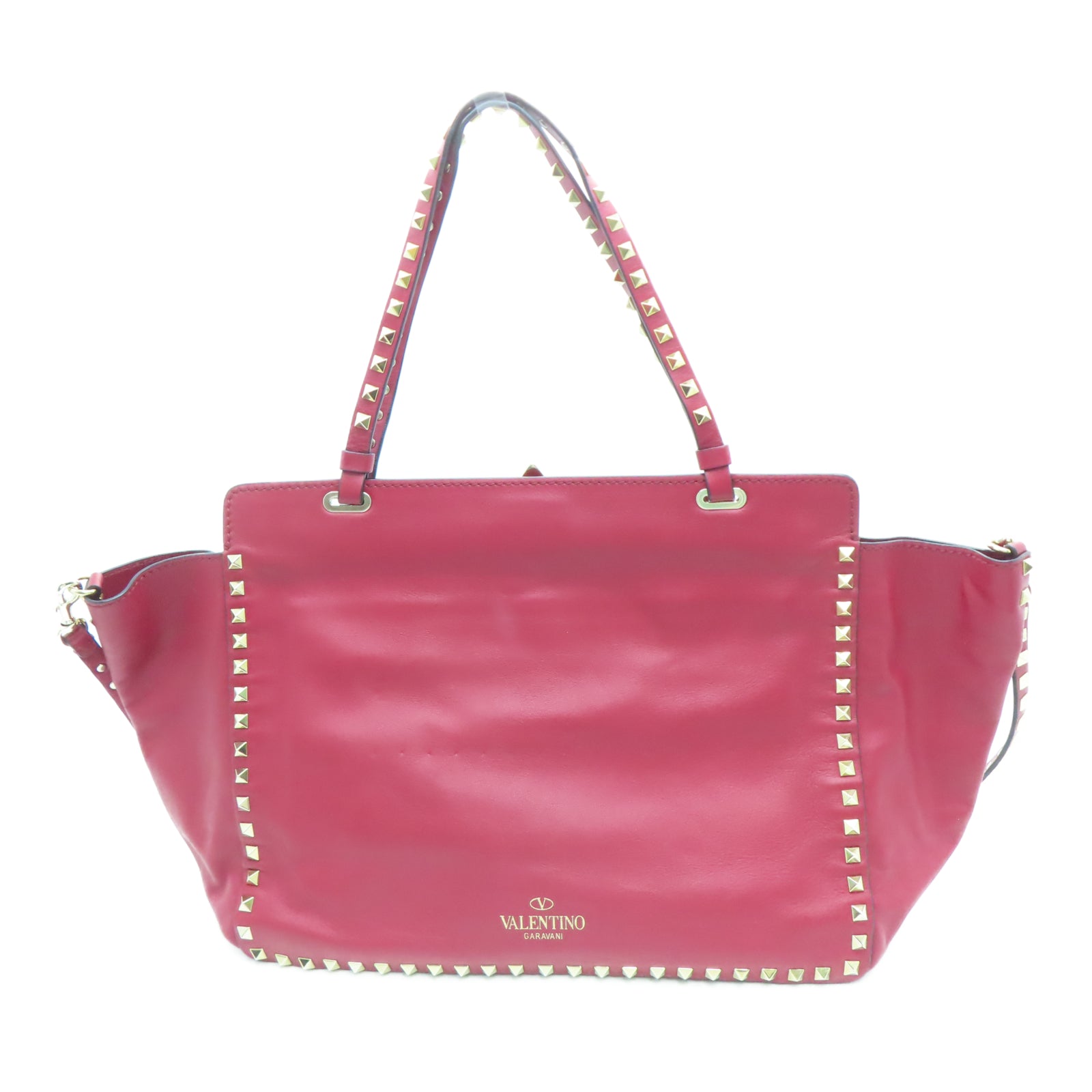 Valentino Leather Rockstud Gold Buckle Handle Shoulder Bag Red