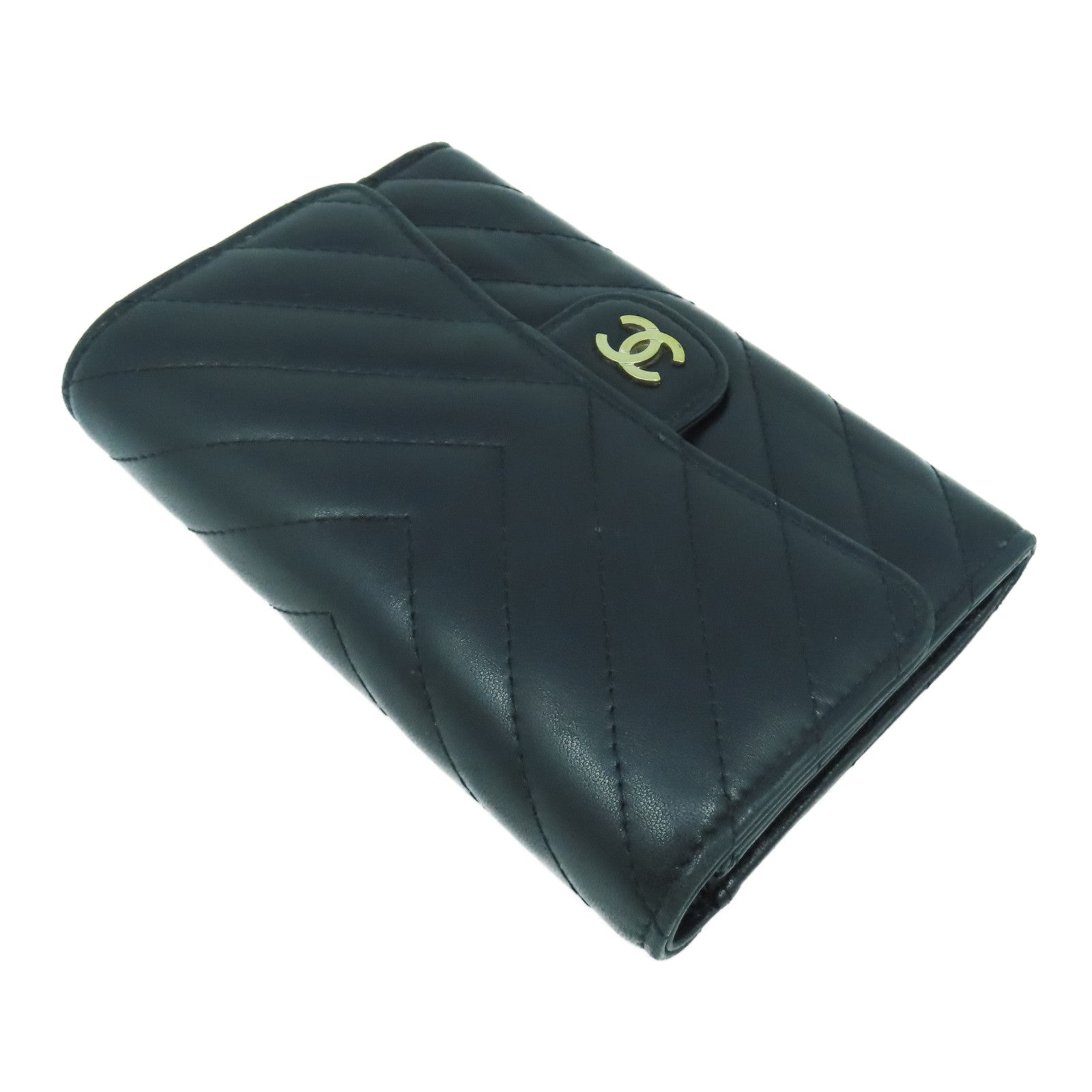 CHANEL 斜紋羊皮皮革Long Wallet金扣長錢包黑色