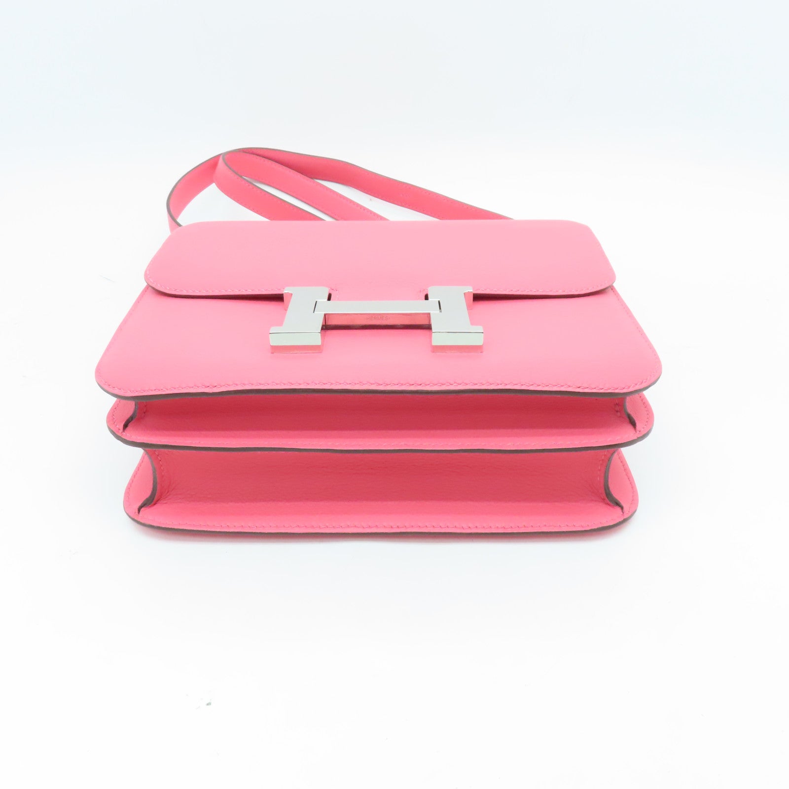HERMES Evercolor leather Constance 24 silver buckle handle shoulder bag Rose Azalee pink