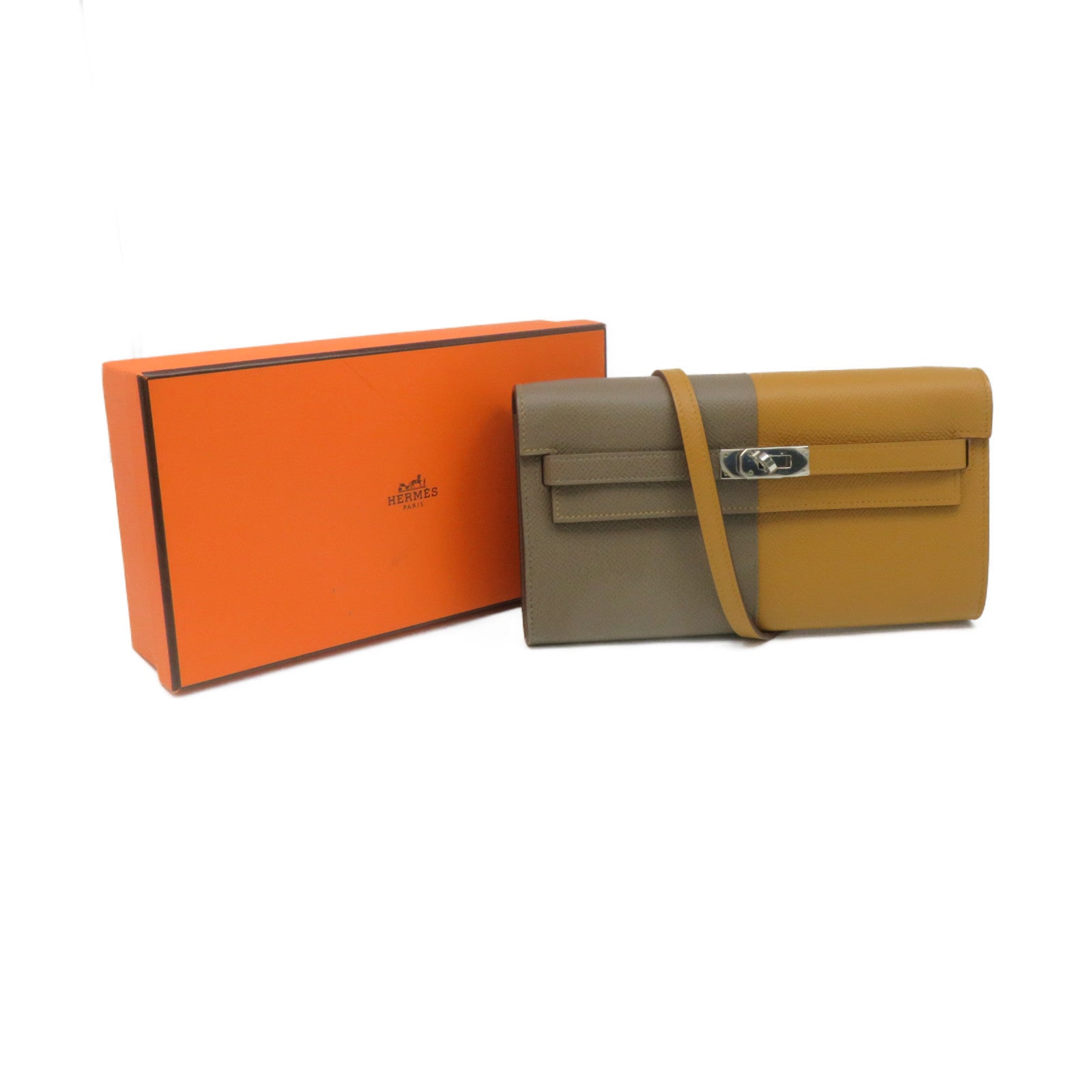 HERMES Epsom Leather Kelly To Go Wallet Shoulder Bag Silver Buckle Wallet Shoulder Bag Etain Brown