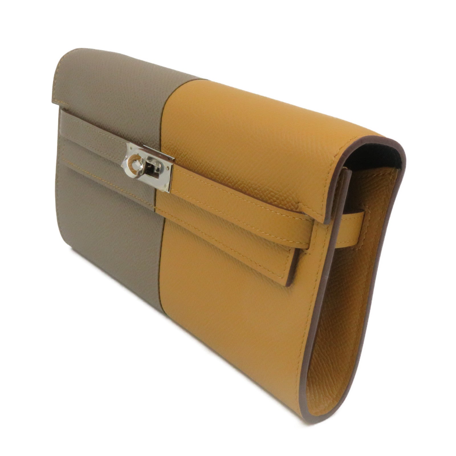 HERMES Epsom Leather Kelly To Go Wallet Shoulder Bag Silver Buckle Wallet Shoulder Bag Etain Brown