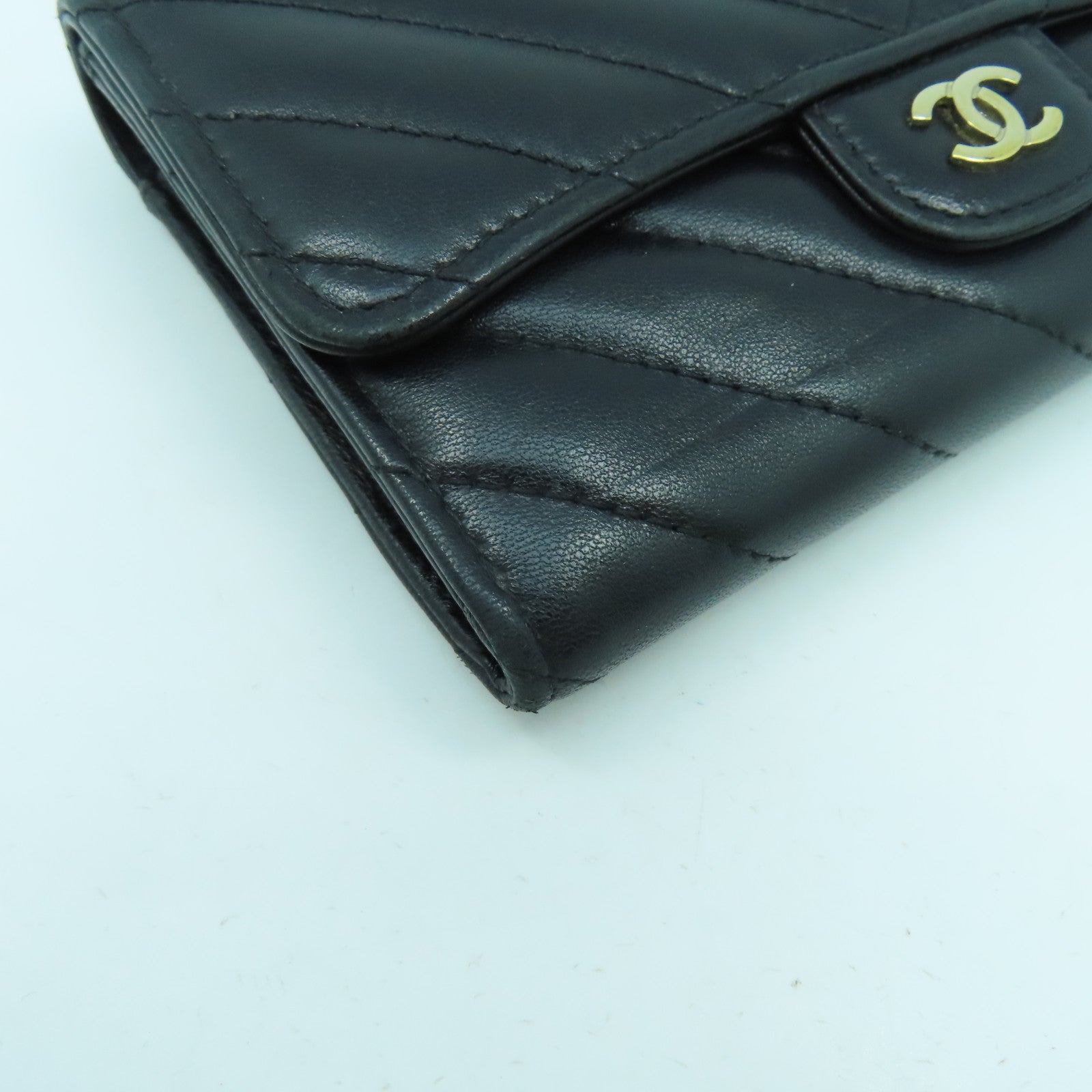 CHANEL 斜紋羊皮皮革Long Wallet金扣長錢包黑色