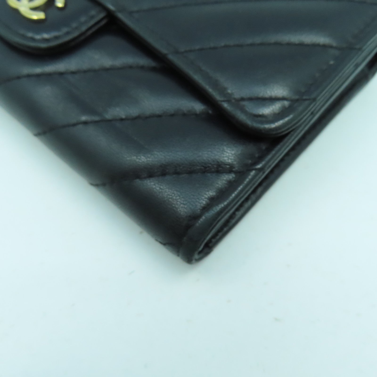 CHANEL 斜紋羊皮皮革Long Wallet金扣長錢包黑色