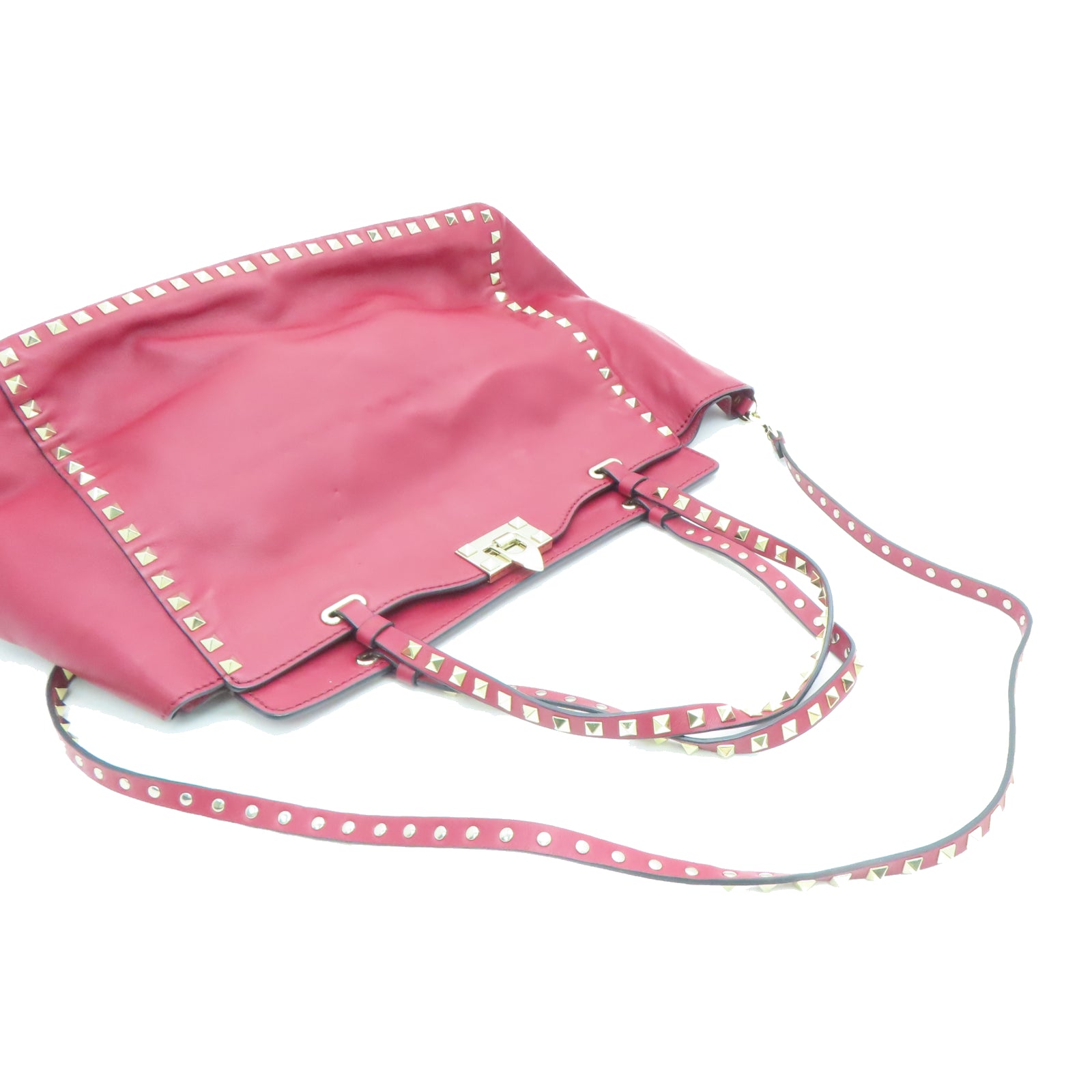 Valentino Leather Rockstud Gold Buckle Handle Shoulder Bag Red