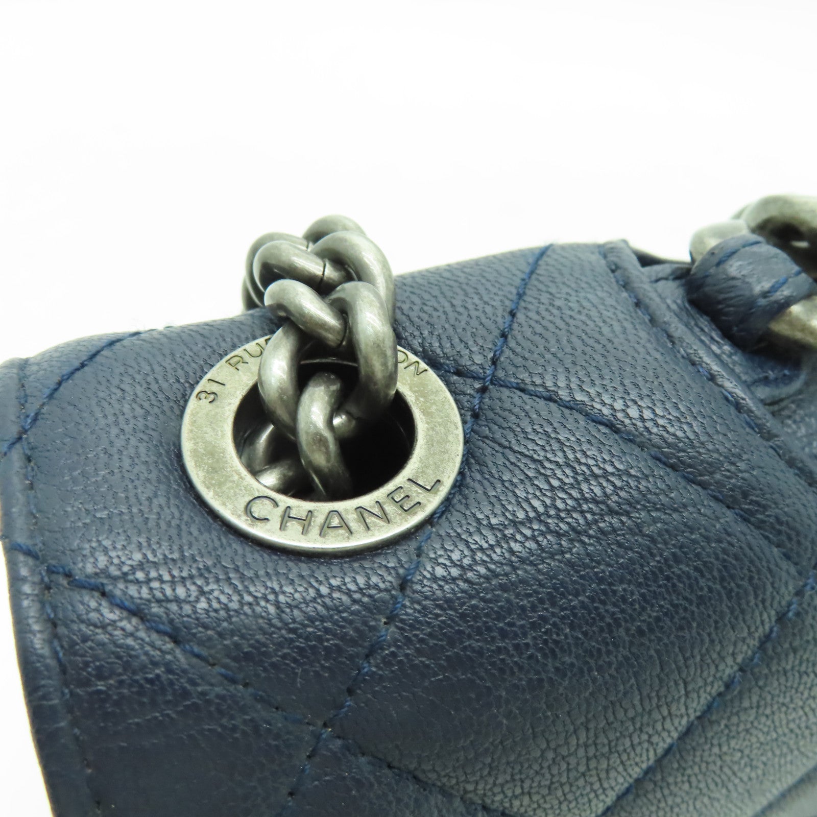 CHANEL 菱格牛皮皮革Chain Shoulder Bag銀扣鏈帶肩背袋深藍色