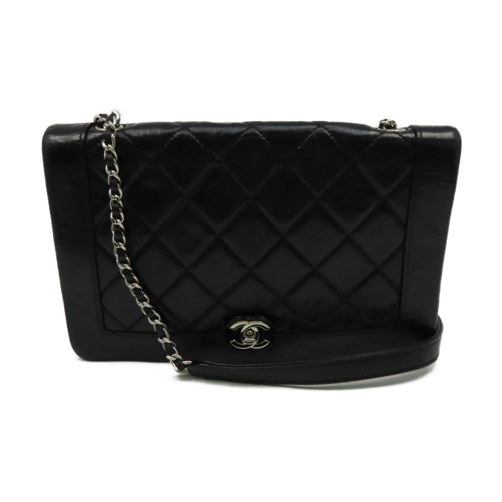 CHANEL 菱格牛皮皮革Chain Shoulder Bag銀扣鏈帶肩背袋黑色