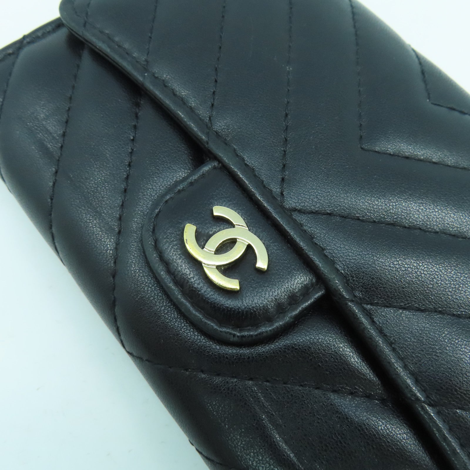 CHANEL 斜紋羊皮皮革Long Wallet金扣長錢包黑色