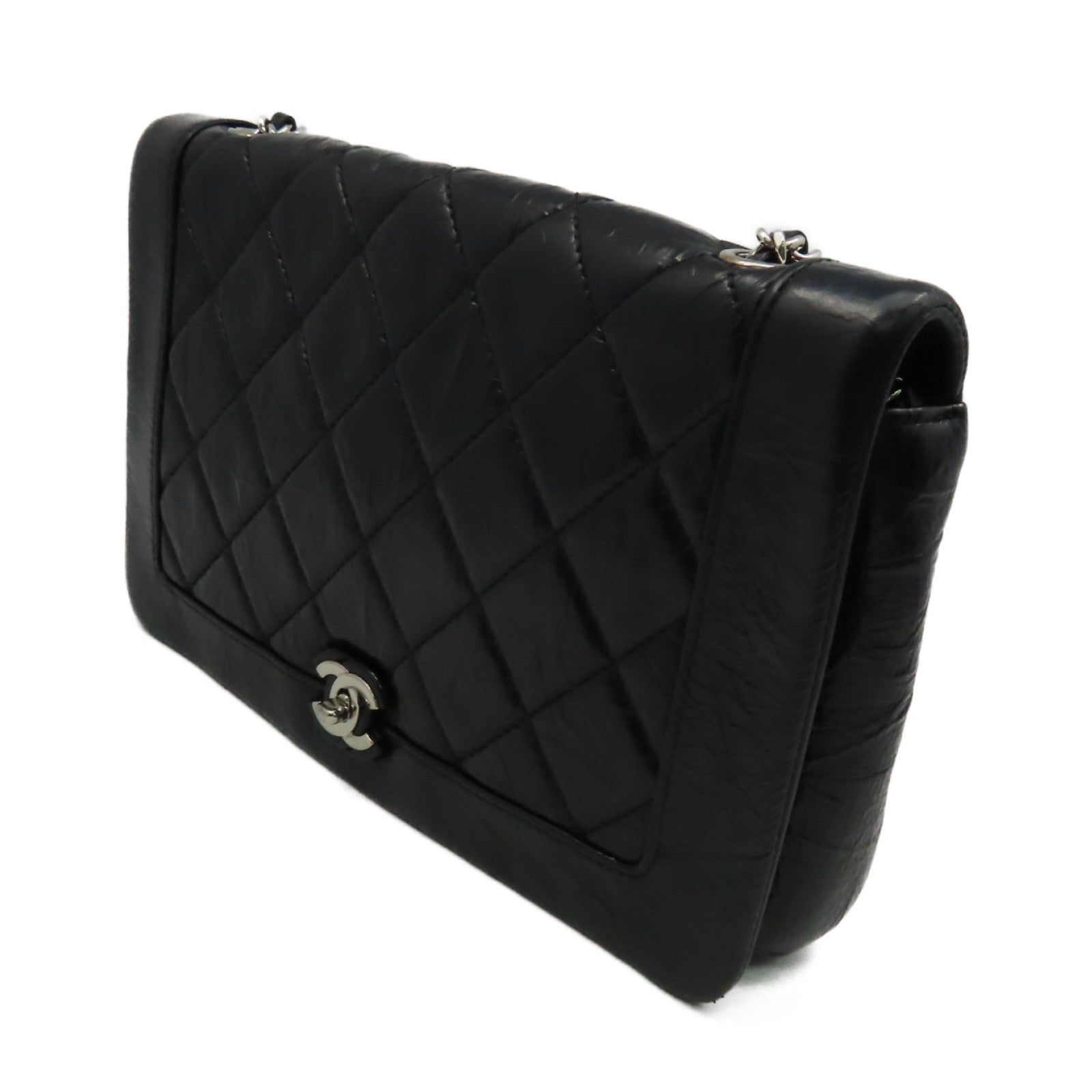 CHANEL 菱格牛皮皮革Chain Shoulder Bag銀扣鏈帶肩背袋黑色