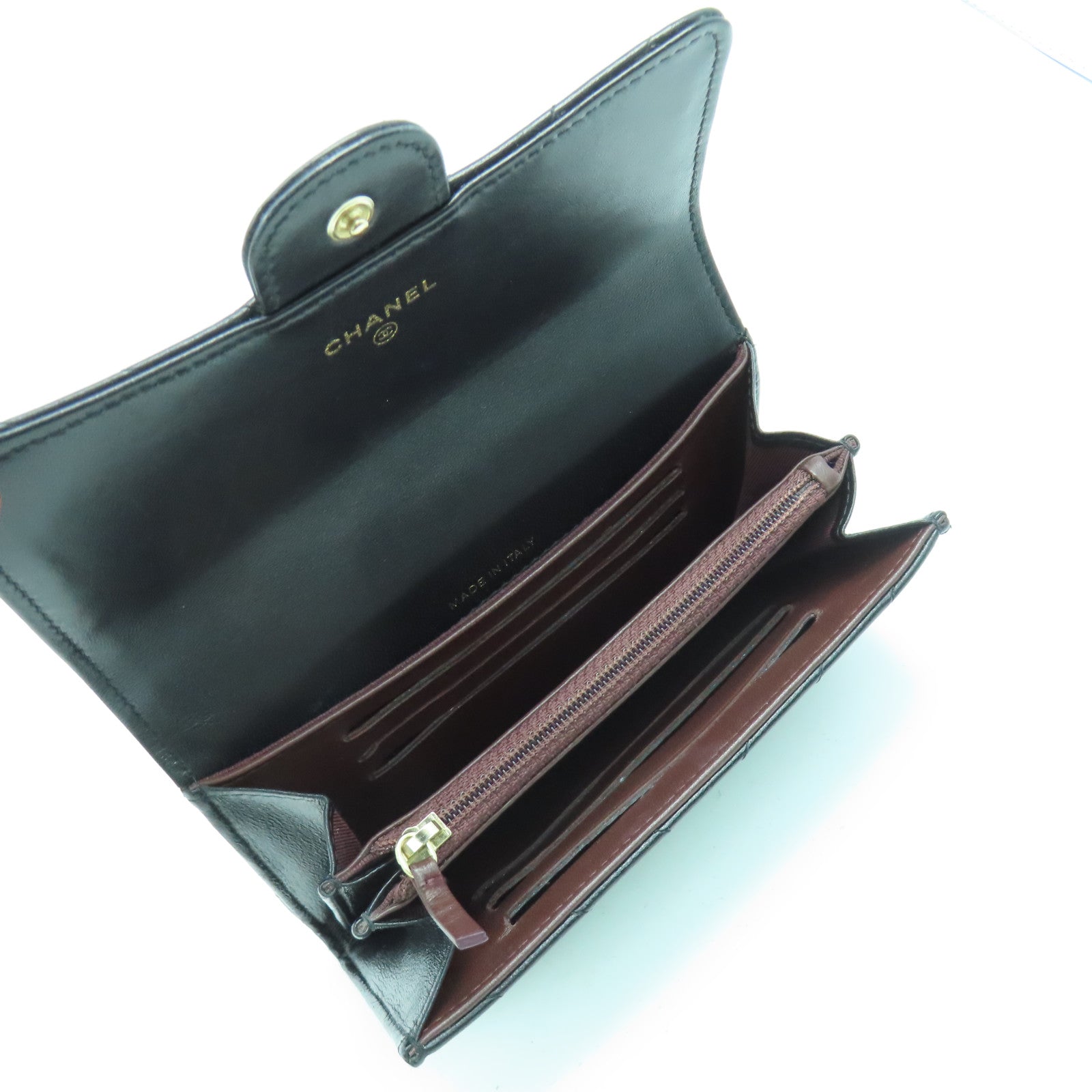 CHANEL 斜紋羊皮皮革Long Wallet金扣長錢包黑色