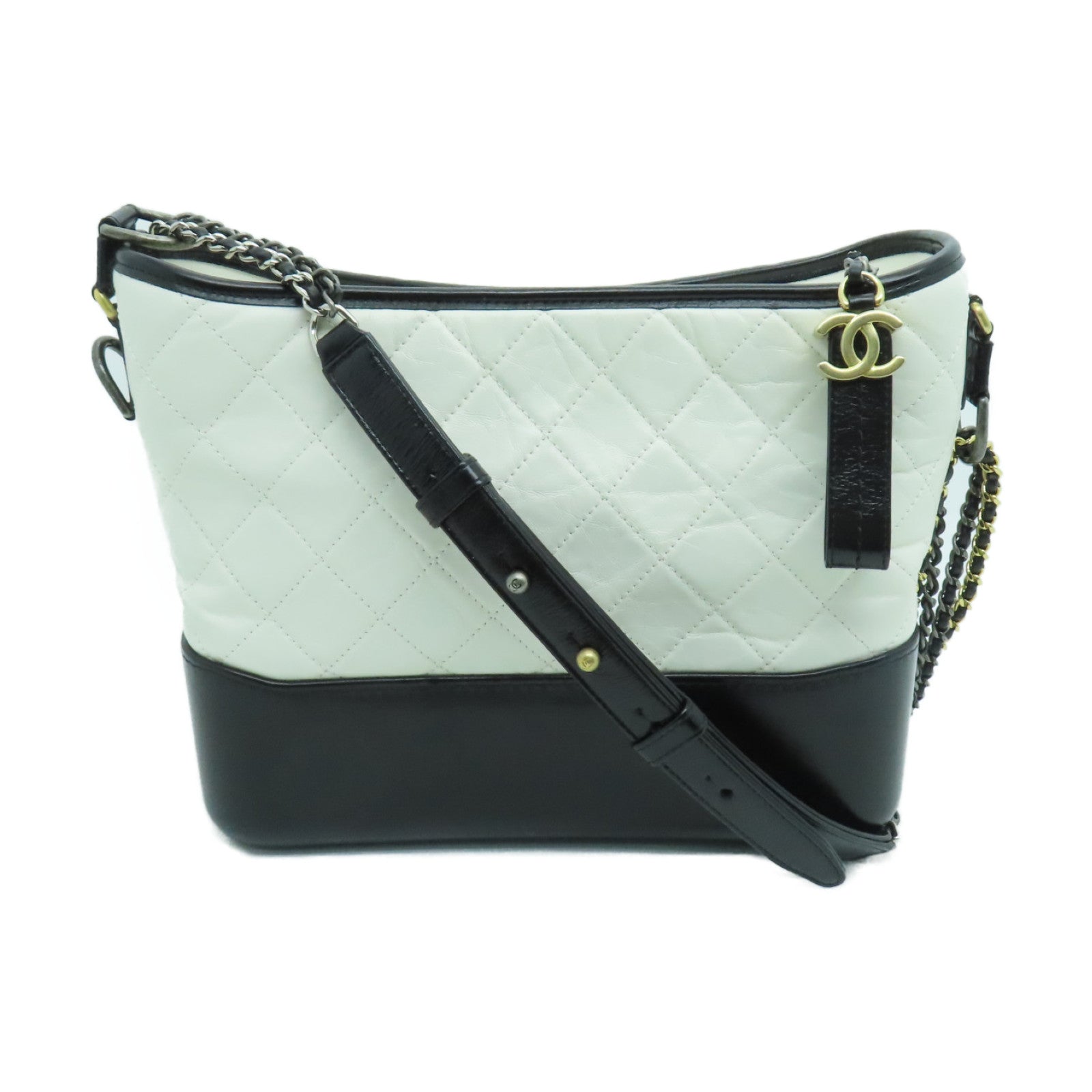 CHANEL 菱格牛皮皮革Gabrielle Bag金扣/银扣链带肩背袋白色/黑色