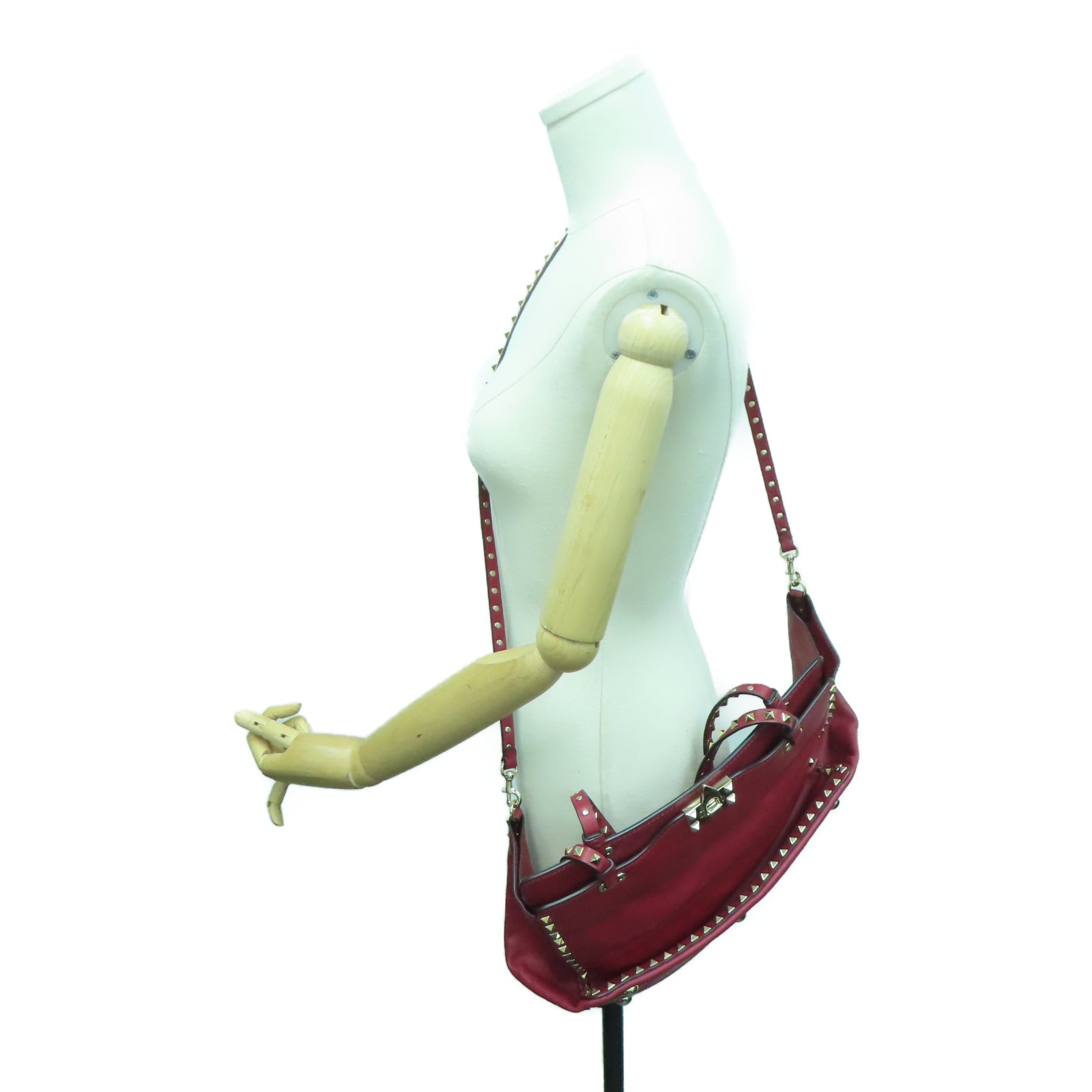 Valentino Leather Rockstud Gold Buckle Handle Shoulder Bag Red