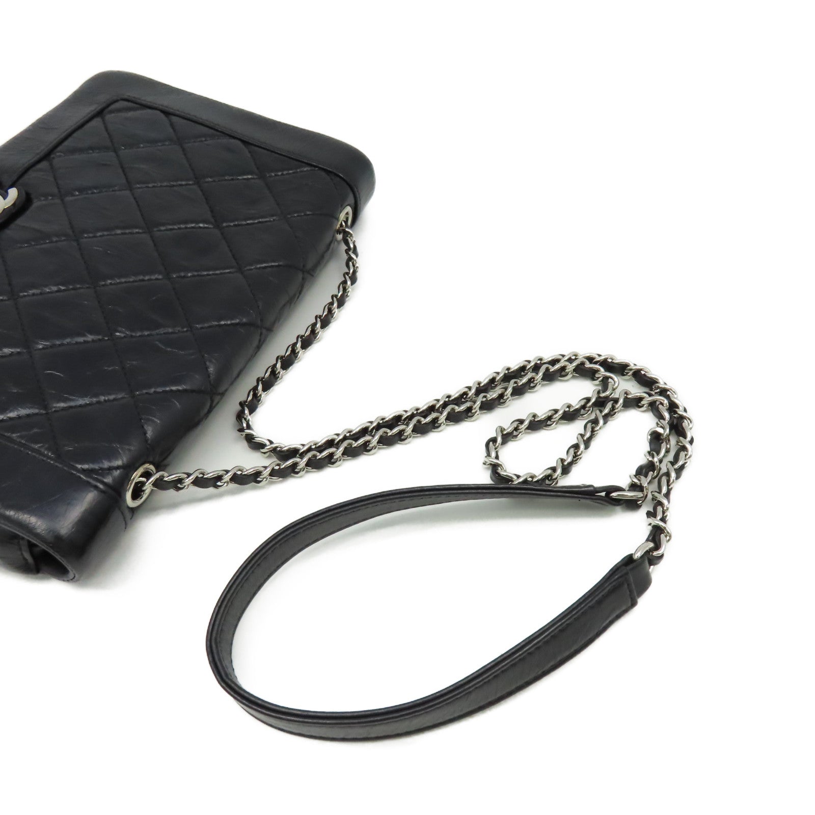 CHANEL 菱格牛皮皮革Chain Shoulder Bag銀扣鏈帶肩背袋黑色