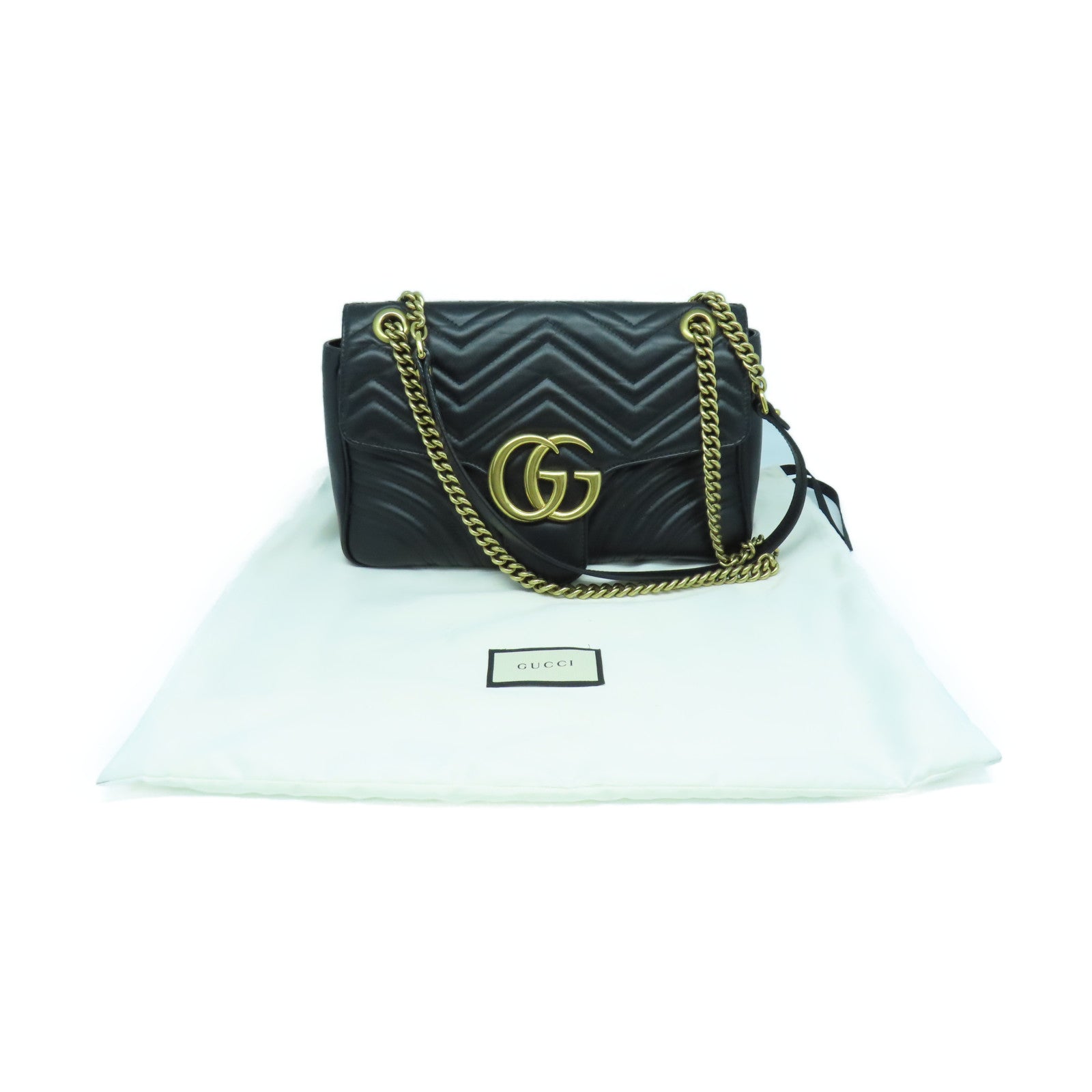 GUCCI 斜紋牛皮皮革GG Marmont金扣鏈帶肩背袋黑色