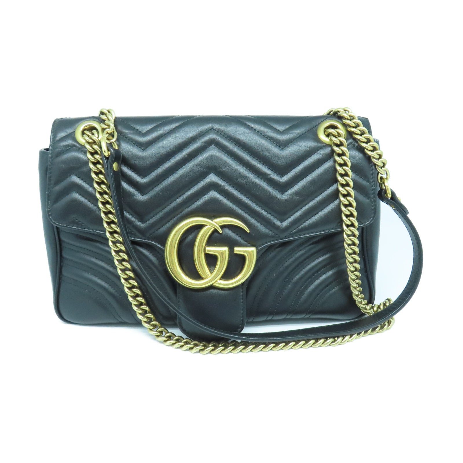 GUCCI 斜紋牛皮皮革GG Marmont金扣鏈帶肩背袋黑色